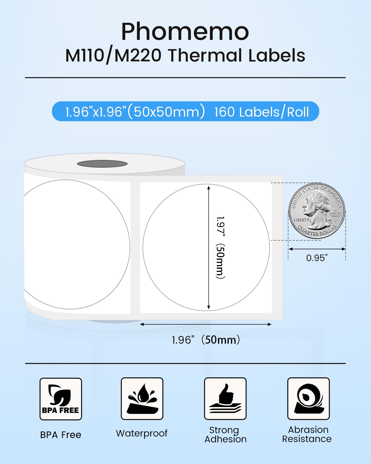 Phomemo Labels M110-840 Pcs 2 Inch (50x50mm) Thermal Labels for M110/M220/M250/M221/M260, Black on White, 140 Labels, for Small Business, Home, Office