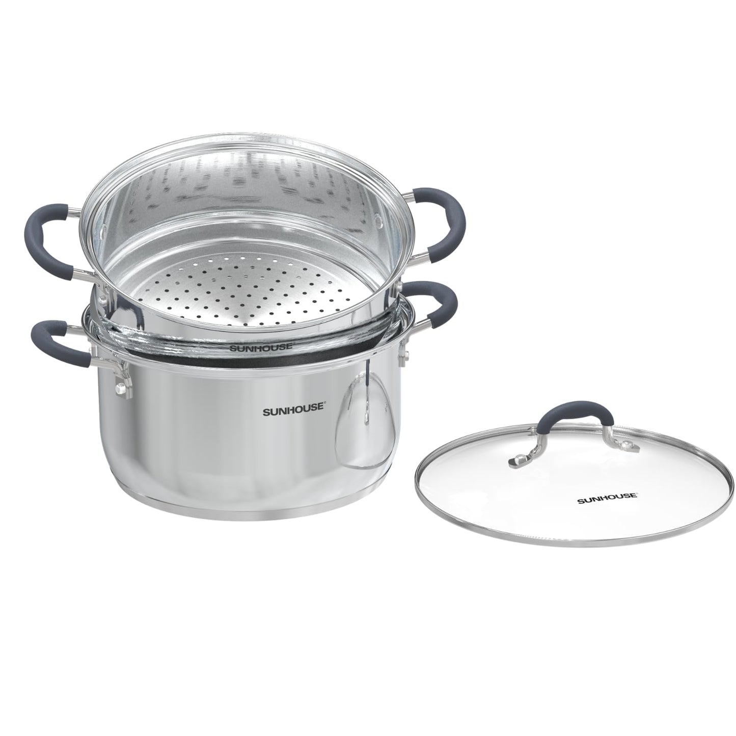 SUNHOUSE Stainless Steel Steamer Pot for Cooking - 3.1 QT Steaming Pot with Glass Lid & Steamer Basket - 2 Tier Tri-ply Vegetable Steamer with Stay-Cool Silicone Handles - Induction Compatible