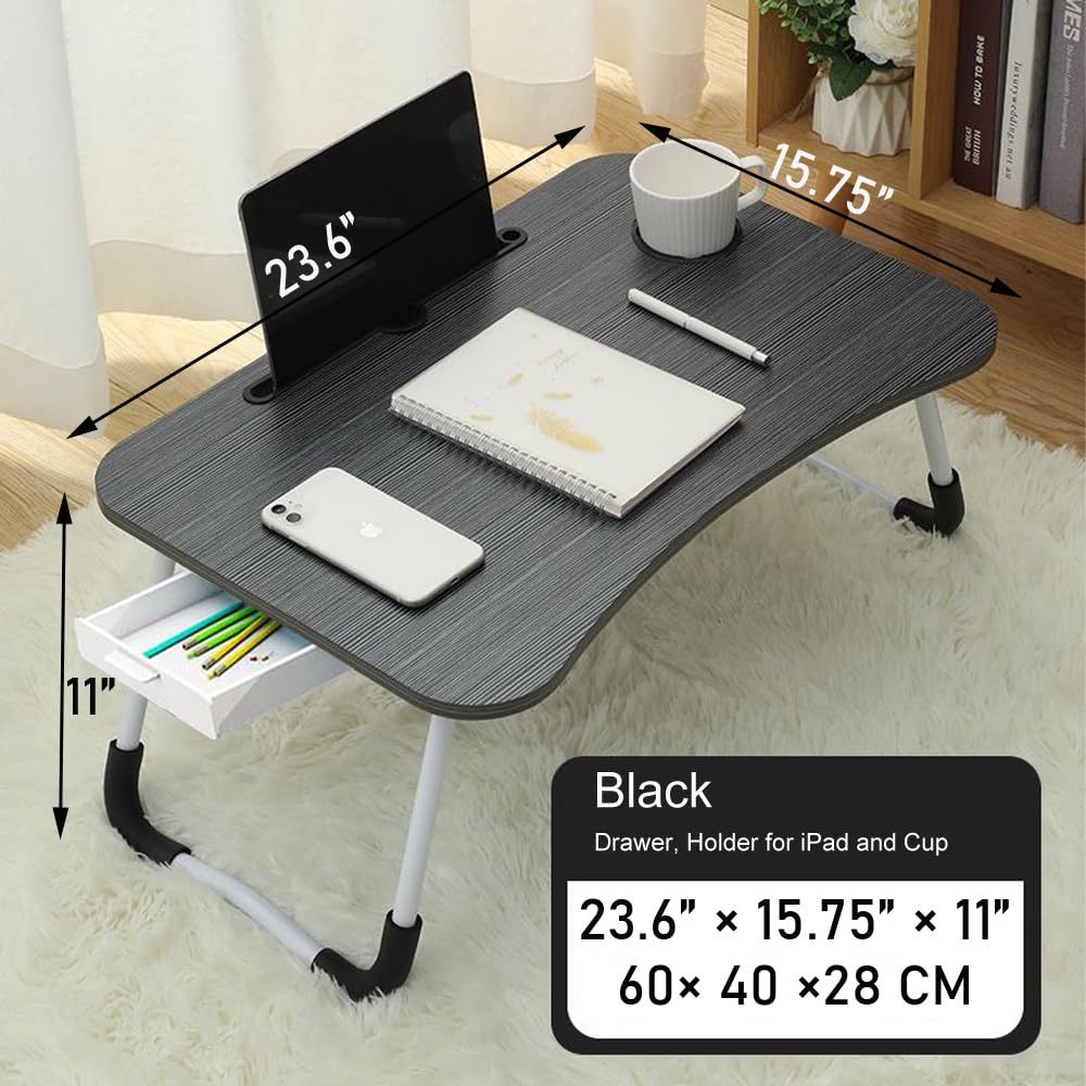 Home Office Lap Desk with Storage Drawer, Cup and Phone Holder, Laptop Bed Tray Table, 23.6" Foldable Desk, Laptop Stand for Breakfast, Working, Writing, Gaming and Drawing