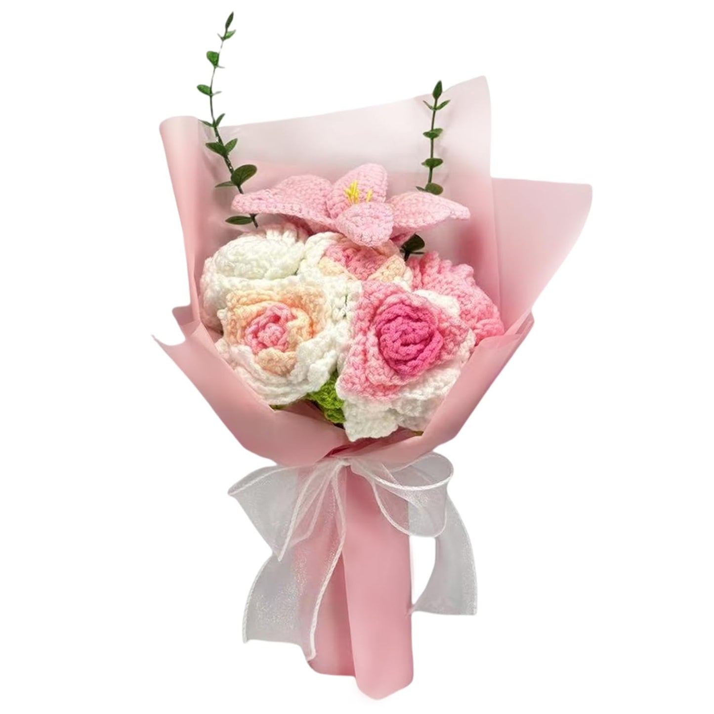 Crochet Flower Bouquet, 6 Flowers Crochet Graduation Flower Bouquet, Knitted Bouquet, Roses, Preserved Flower for Mother's Day, Valentine's Day, Birthday (Big-Pink)