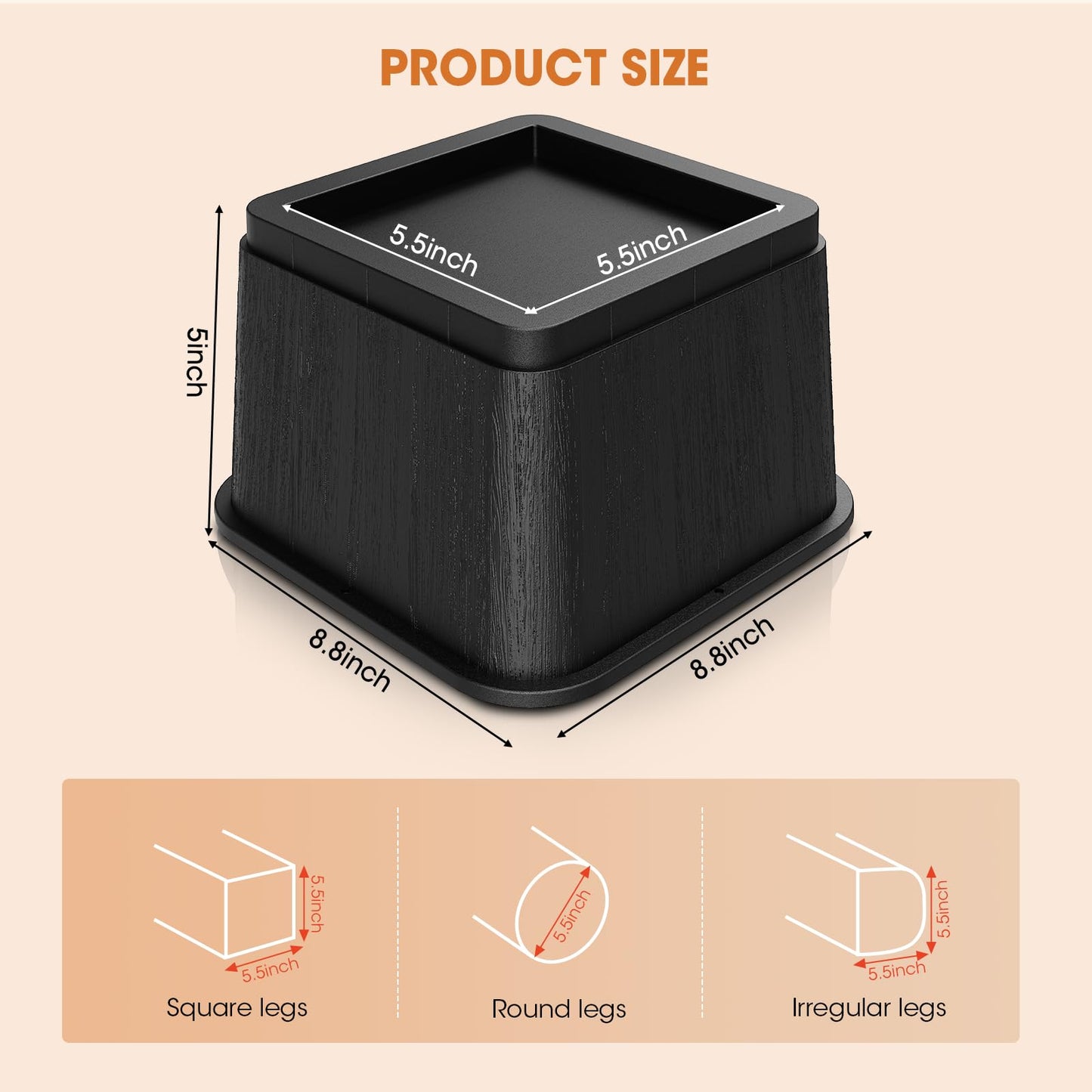 MYMULIKE Bed Risers 5 Inch, Oversized Fit Up to 5.5" Legs, Heavy Duty Support 6000lbs, Stackable Bed Raising Blocks Furniture Sturdy Bed Lifts for Couches, Tables, Desk(Black, 5 inch-4 Pack)