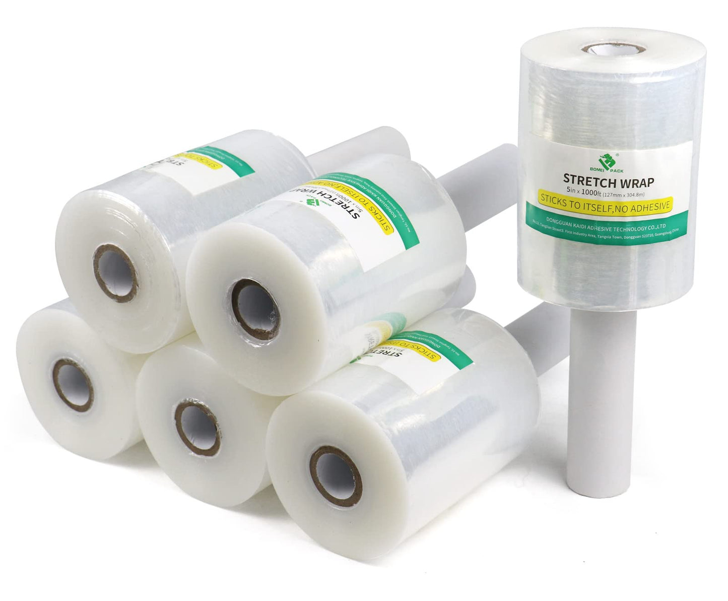 BOMEI PACK 6 Pack Industrial Clear Mini Stretch Wrap Roll with Handle, 5" x 1000Feet 80 Gauge for Heavy Duty, Durable Self-Adhering Plastic Wrap for Packing, Moving