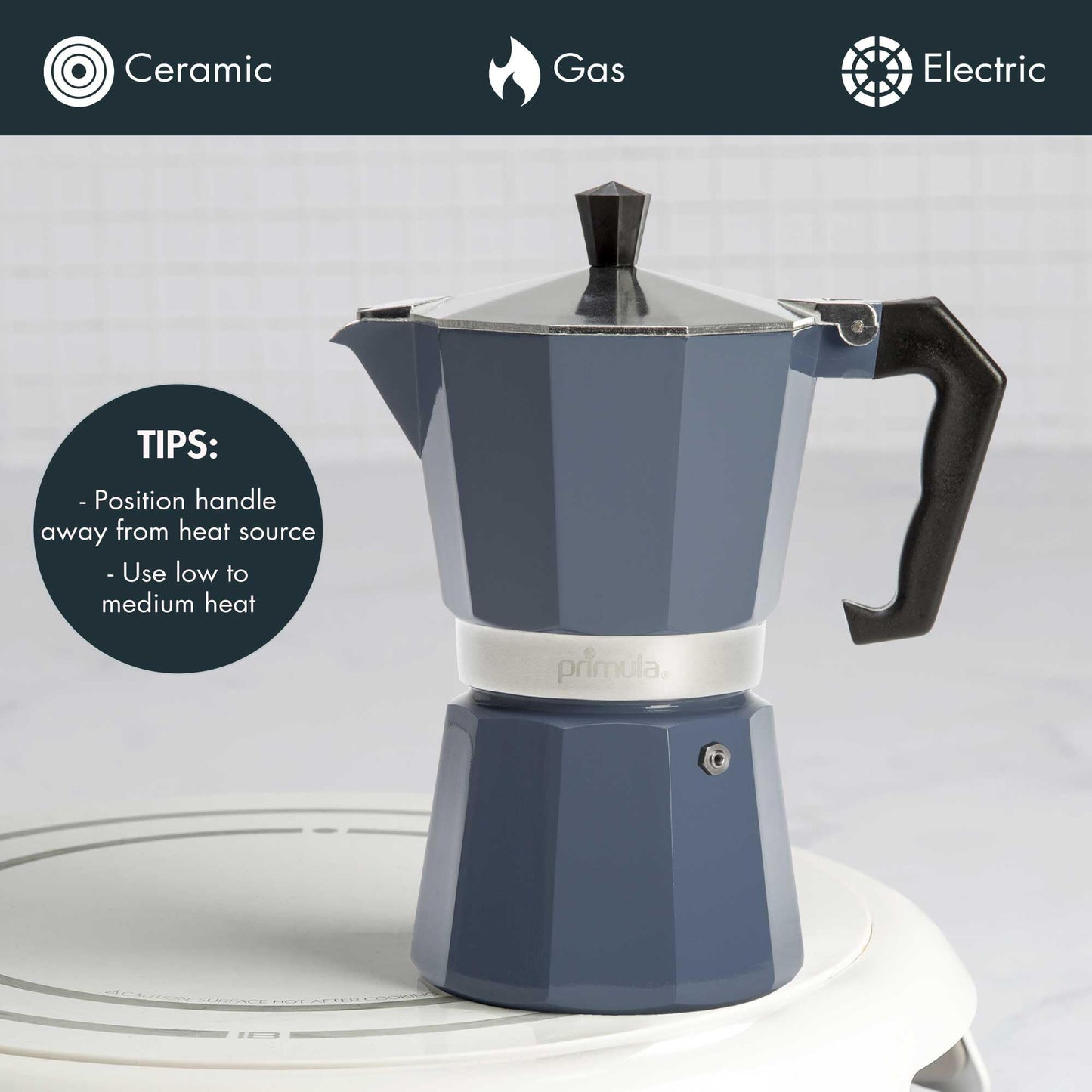 Primula Classic Moka Pot Stovetop Espresso and Coffee Maker, Italian and Cuban Cafetera for Rich Espresso Brewing, Durable Aluminum Greca Coffee Maker with Easy Grip Handle, 6-Cup, Blue