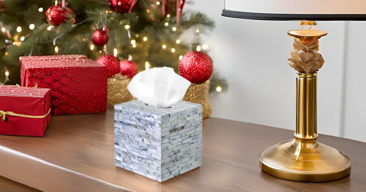 PEMAR Mother of Pearl Inlay Decorative Tissue Holder - Handcrafted Wooden Tissue Box Cover for Small Cube Tissue Boxes Only (Max Inner Size 4.7”) for Bathroom, Living Room & Office (Blue)