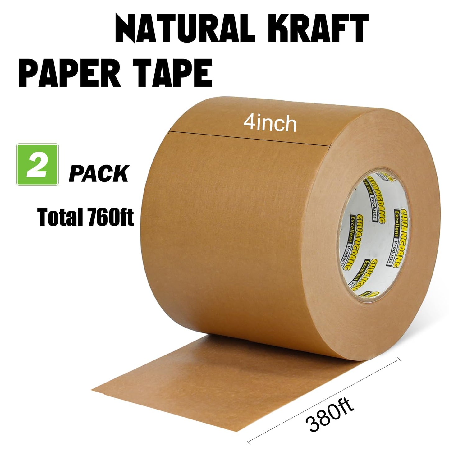 CHUANGDANG Kraft Paper Tape,4Inchx127yards,2Rolls,Brown Paper Packing Tape,Writable & Uncoated,Kraft Tape for Masking, Sealing, and Packaging,Biodegradable,Eco-Friendly