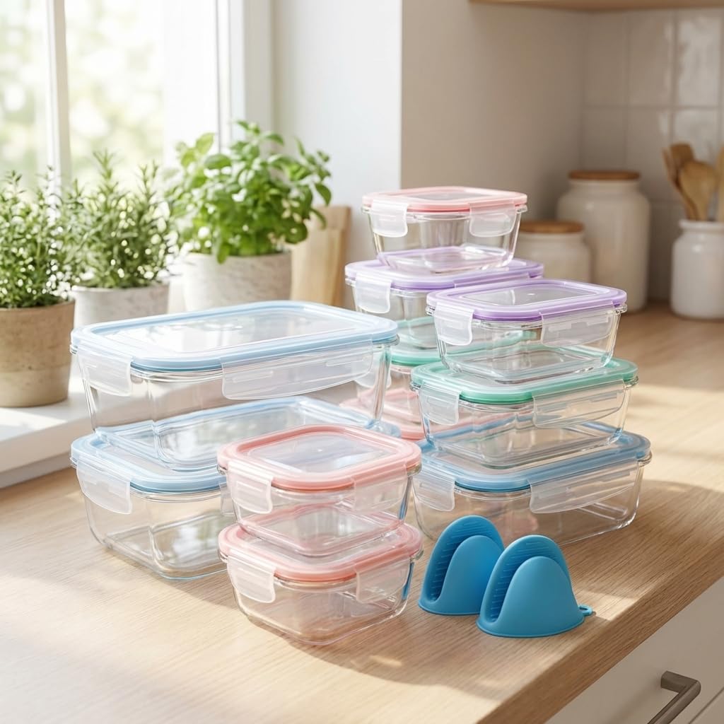 Bo-Toys 20 Pc Glass Food Storage Containers with Snap Lock Lids, Airtight & Leakproof, Bonus 2 Oven Silicone Gloves, Safe for Dishwasher, Oven, Microwave,Freezer, BPA Free