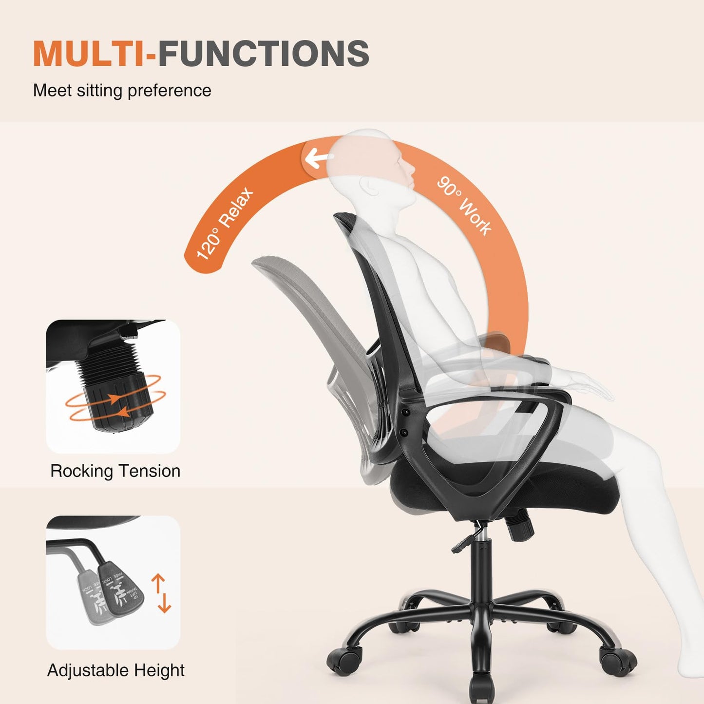 Sweetcrispy Home Office Managerial Executive Chair with Ergonomic Design, Mid-Back Mesh 360° Swivel, Comfortable Lumbar Support, Comfy Arms for Bedroom,Study,Student, Black