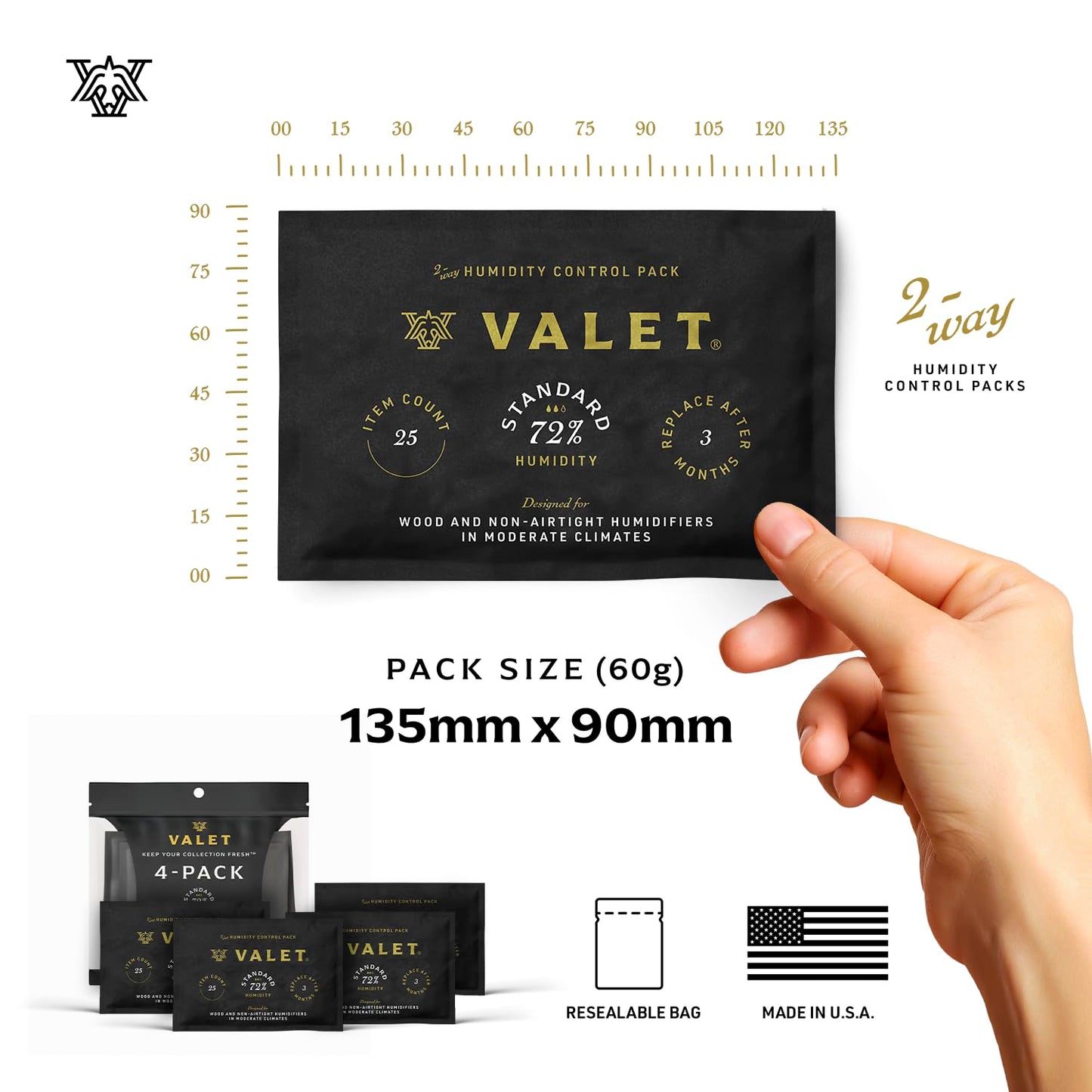 Valet 72% Two-Way Humidity Packs 12-Pack (60g), Bulk Two-Way Humidity Control Packs, Moisture Absorber for Wood & Airtight Storage, Made in USA