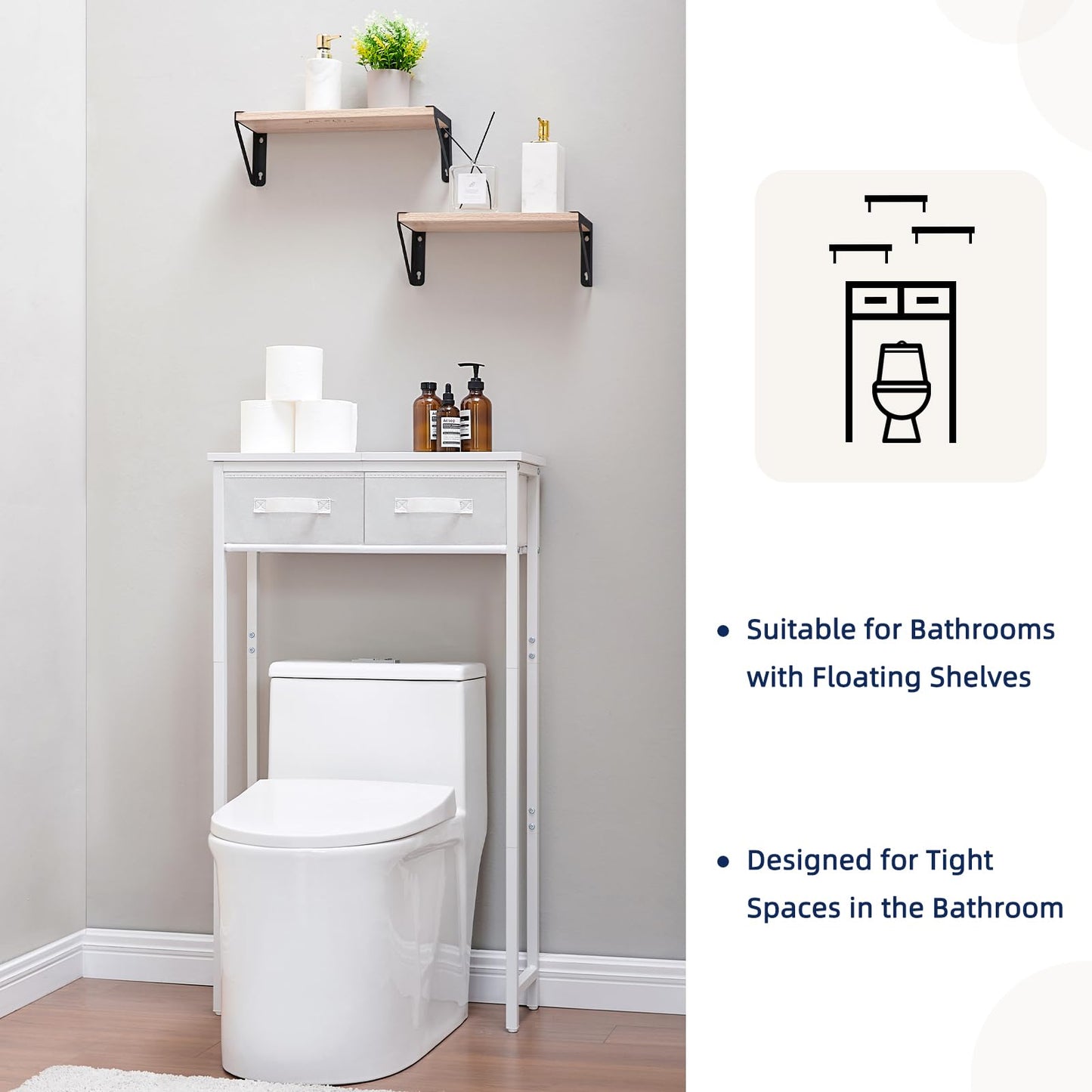 MOHOPE 2-Tier Over The Toilet Storage with 2 Fabric Drawers, Freestanding Above The Toilet Storage Cabinet, Space Saver Metal Over Toilet Bathroom Organizer Shelf for Small Space, White