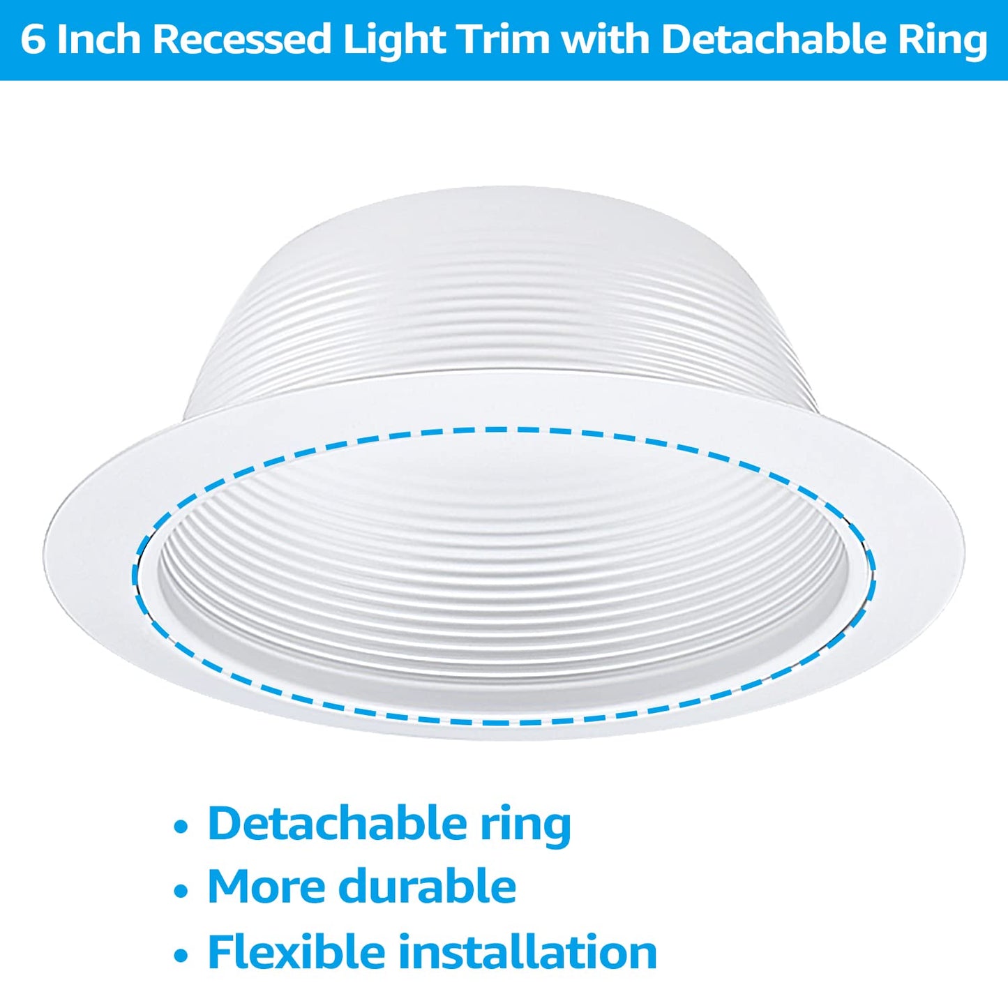 TORCHSTAR 12-Pack 6 Inch Classic White Recessed Light Trim, Step Baffle with Detachable Ring, Full Metal, for 6 Inch Recessed Can, Fit Halo/Juno Remodel Housing, White