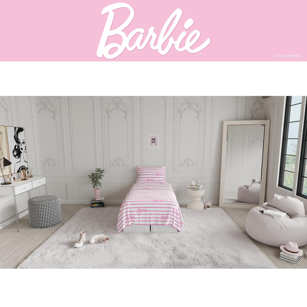 Barbie Logo Bedding Super Soft Cozy Microfiber 3 Piece Twin Sheet Set, (Officially Licensed Product) by Franco