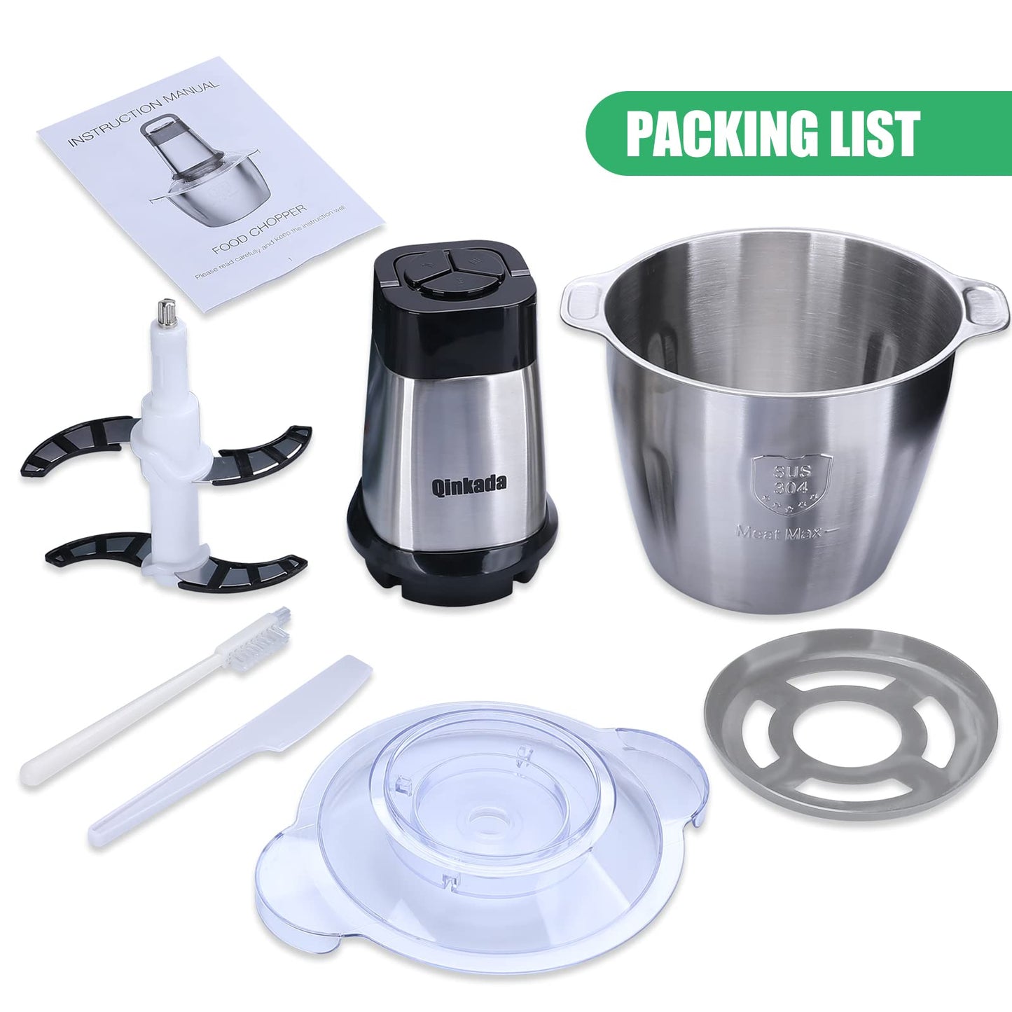 Qinkada Food Processor, 500W Powerful Meat Grinder, 14Cup Stainless Steel Bowl, 3 Speed Modes 4 Bi-Level Blades for Onion, Meat, Nuts, Fruit, Garlic, Vegetable, Baby Food