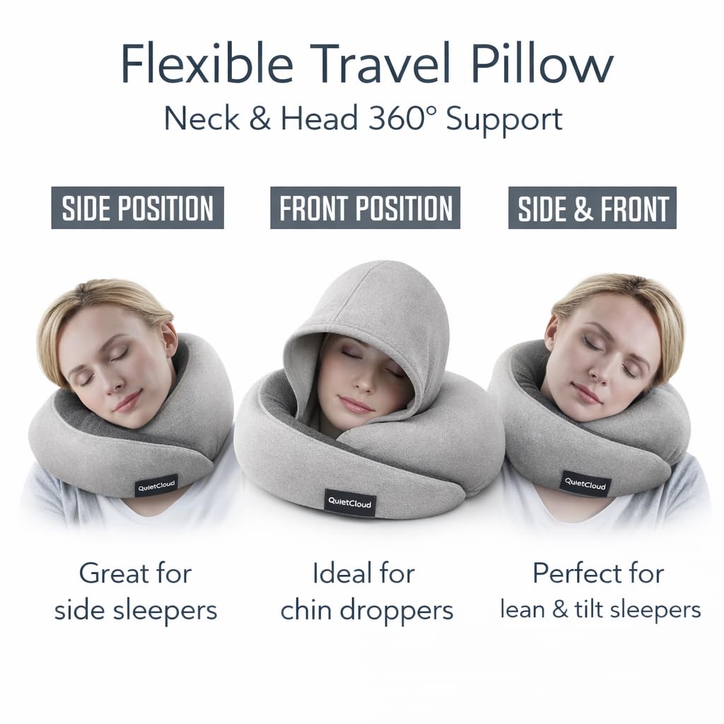 Travel Neck Pillow Hooded Memory Foam 360° Head & Chin Support, Lightweight Breathable Adjustable Fit Travel Neck Pillow with Eye Mask, Earplugs & Carry Bag for Airplanes, Car, Bus, Train & Long Trips