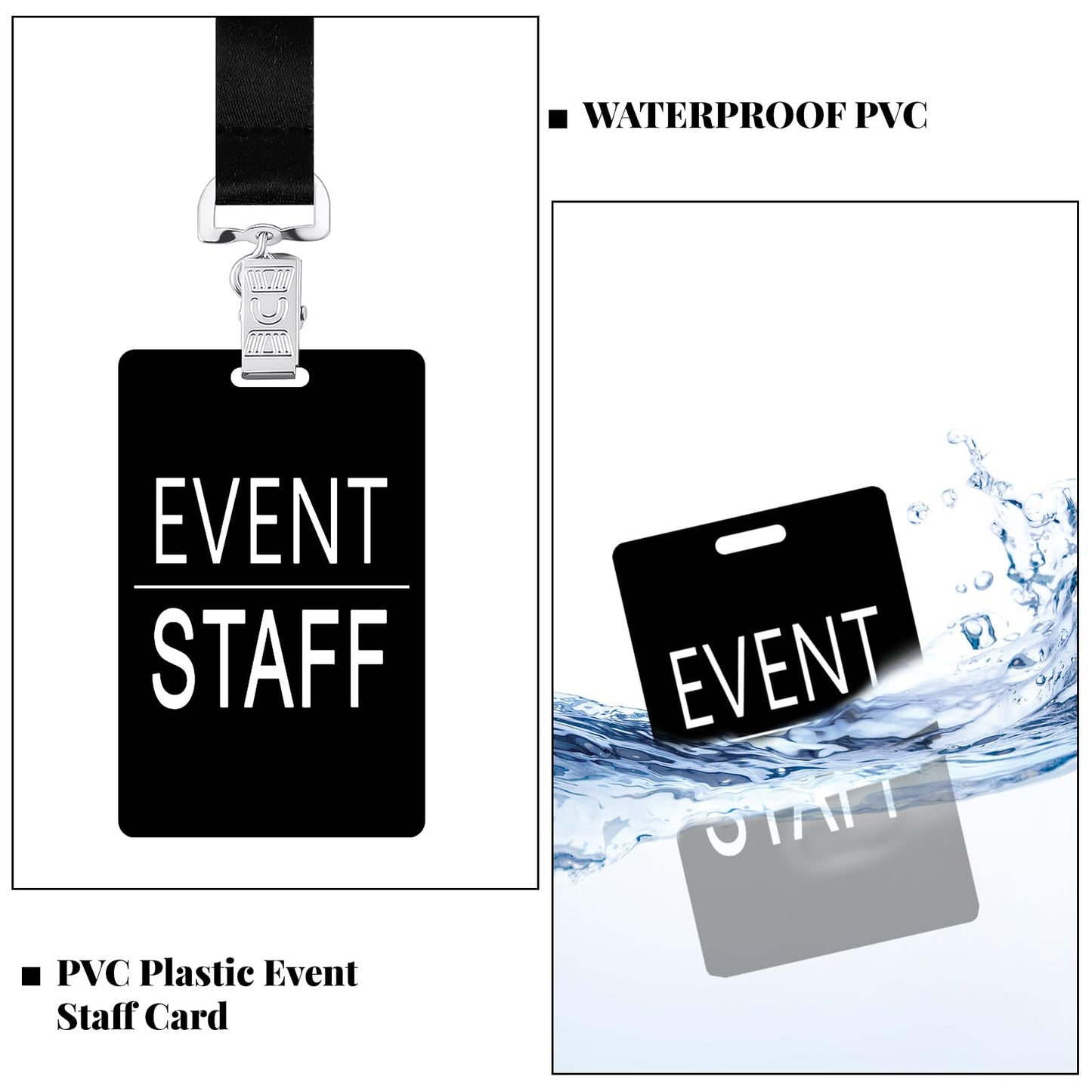 Qilery 50 Set Event Staff Lanyards with PVC Cards Lanyard Pass Staff Cards with Metal Swivel Hook for Concert Event Party Organizer Conference Party Office Supplies(Black)