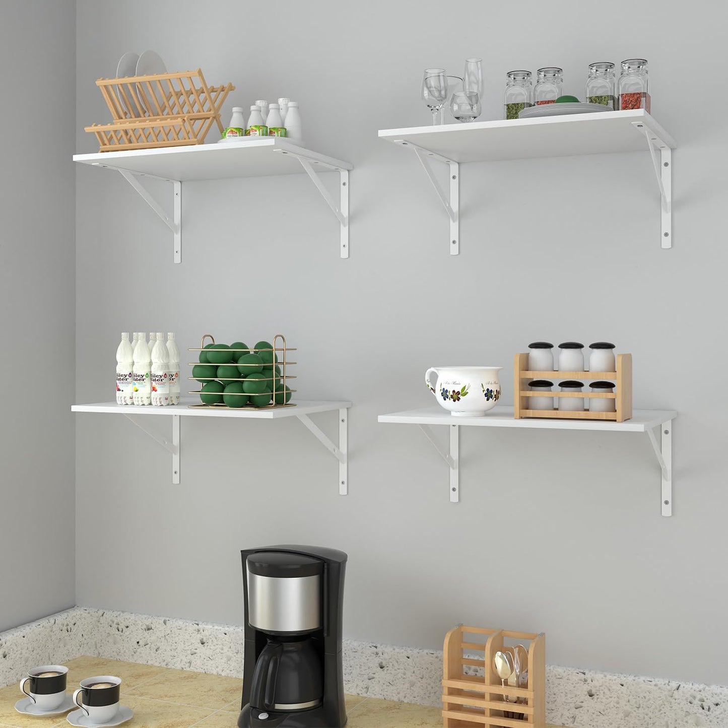 Dushikent Deep Floating Wall Shelves - 4 Sets of 12 Inch Wide White Wood Shelves for Bathroom, Bedroom, Kitchen, Living Room