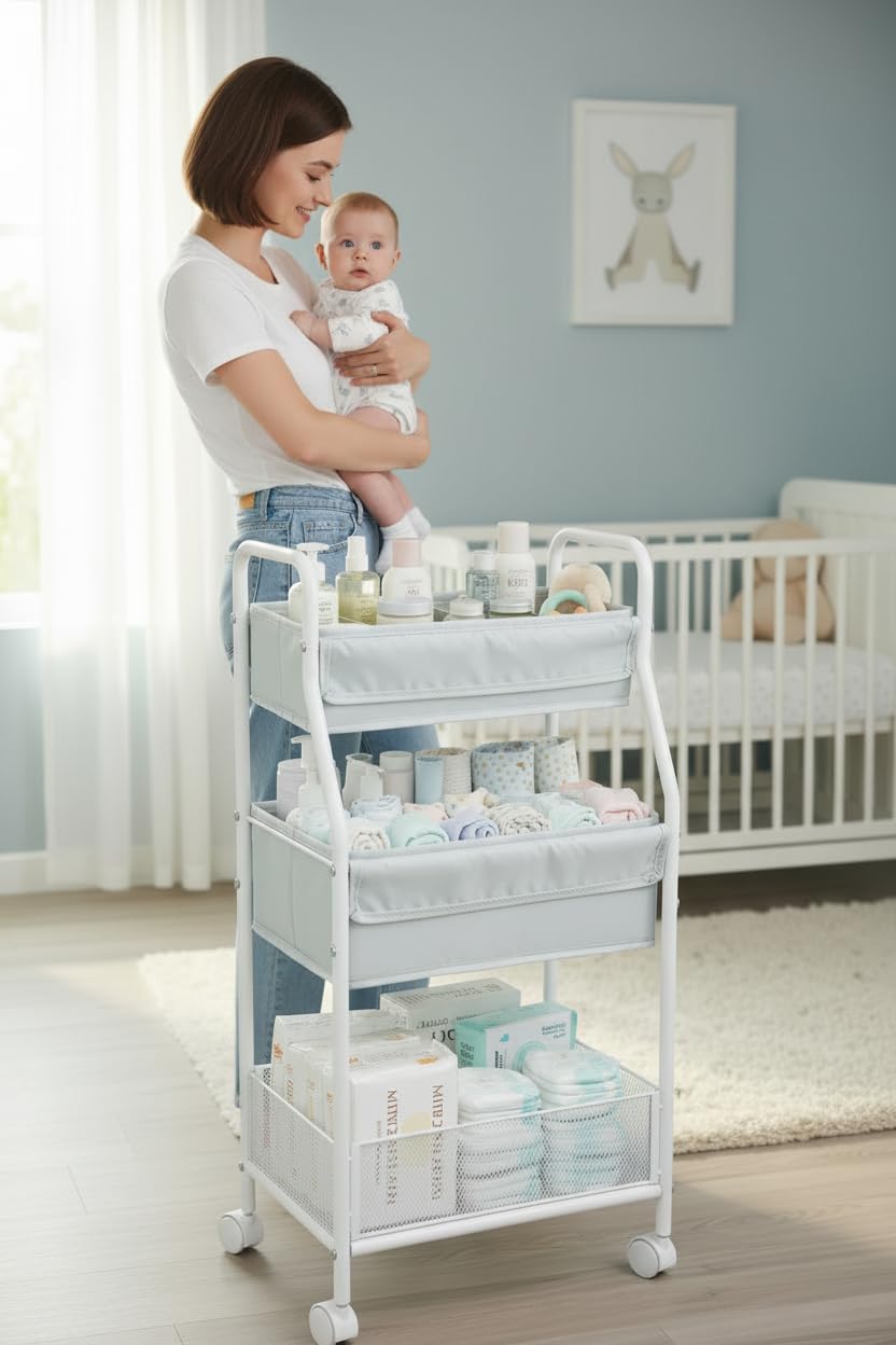 Moteph Rolling Utility Cart with Wheels, 3-Tier Diaper Cart, Rolling Nursery Cart & Baby Caddy Organizer for Nursery Essentials, Bedside/Postpartum Cart, Craft & Art Storage, Rolling Book Cart