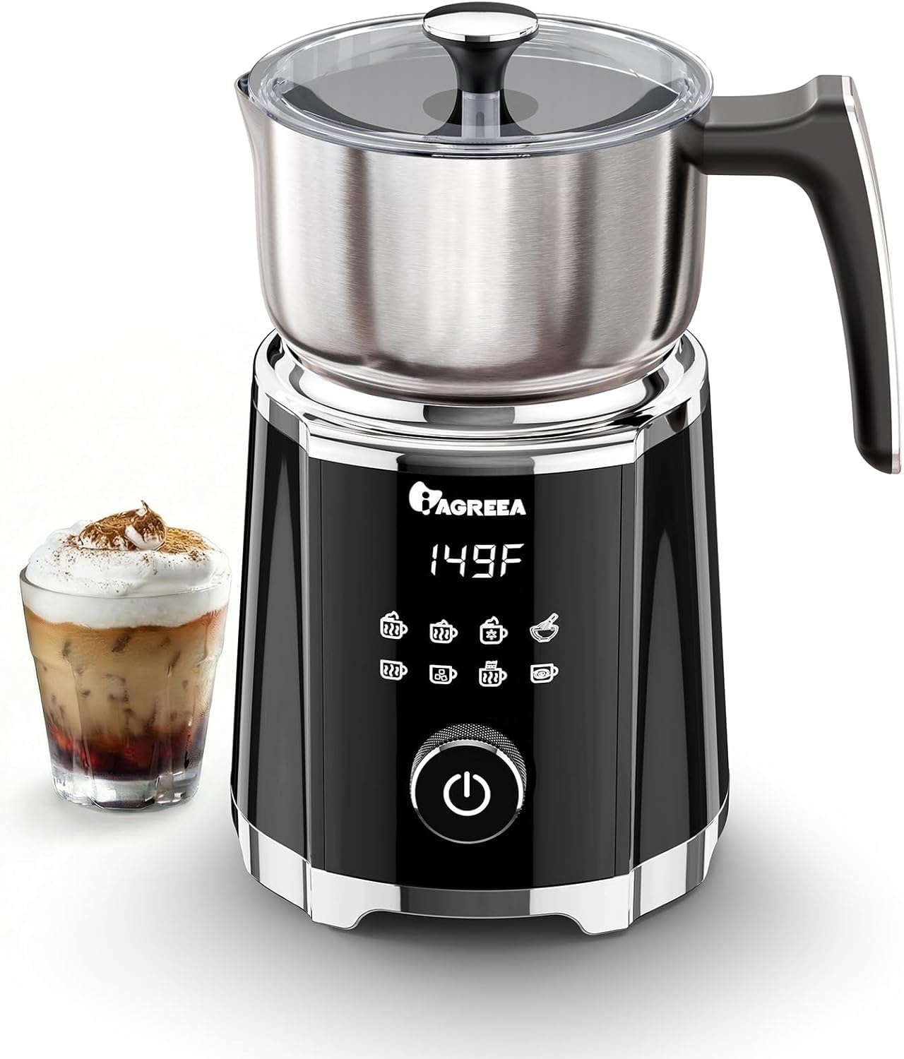IAGREEA Milk Frother, 8 in 1 Large Hot and Cold Foam Maker (600ml), Detachable Milk Steamer Jug for Latte, Matcha, Hot Chocolate, Stainless Steel, Dishwasher Safe