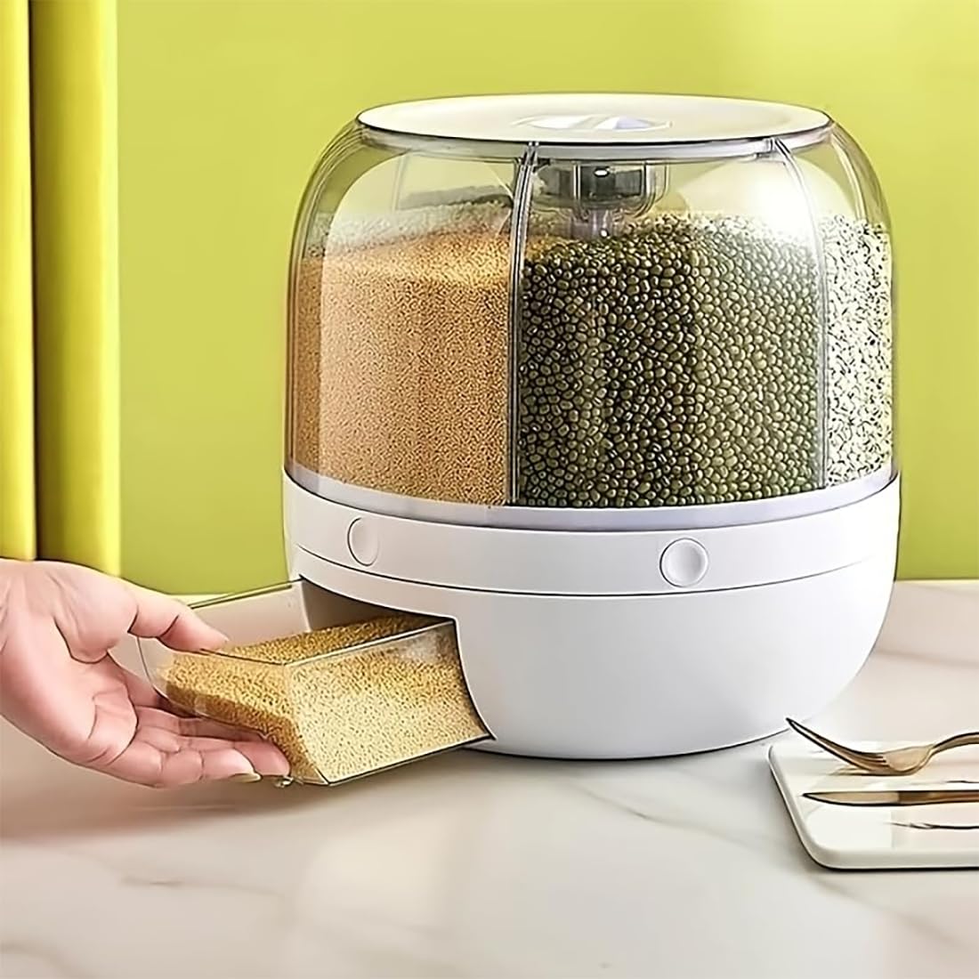 Wnnideo Rotating Grain Storage Bin 6 Grids Rice Container One-Click Output Large Capacity Food Dispenser For Rice Grains Sealed Moisture Proof Organizer (Large)