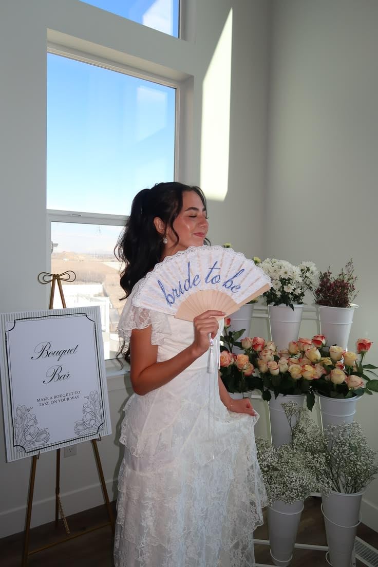 xo, Fetti White Lace Bride to Be Folding Fan | Bridal Something Blue, Wedding Accessory, Bridesmaid Gift, Embroidered Bachelorette Outfit