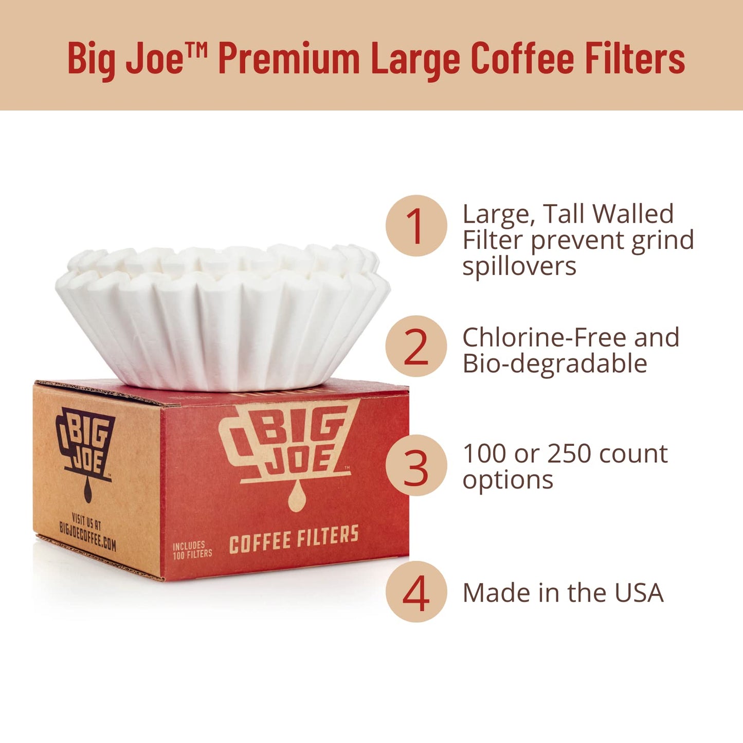 Big Joe® Large Coffee Filters (500 Count) - Extra Tall Walls Prevent Ground Overflow - Fits BUNN 12-Cup Commercial Pour Over & Drip Machines - 9¾" Diameter, 2¾" Walls - Made in USA