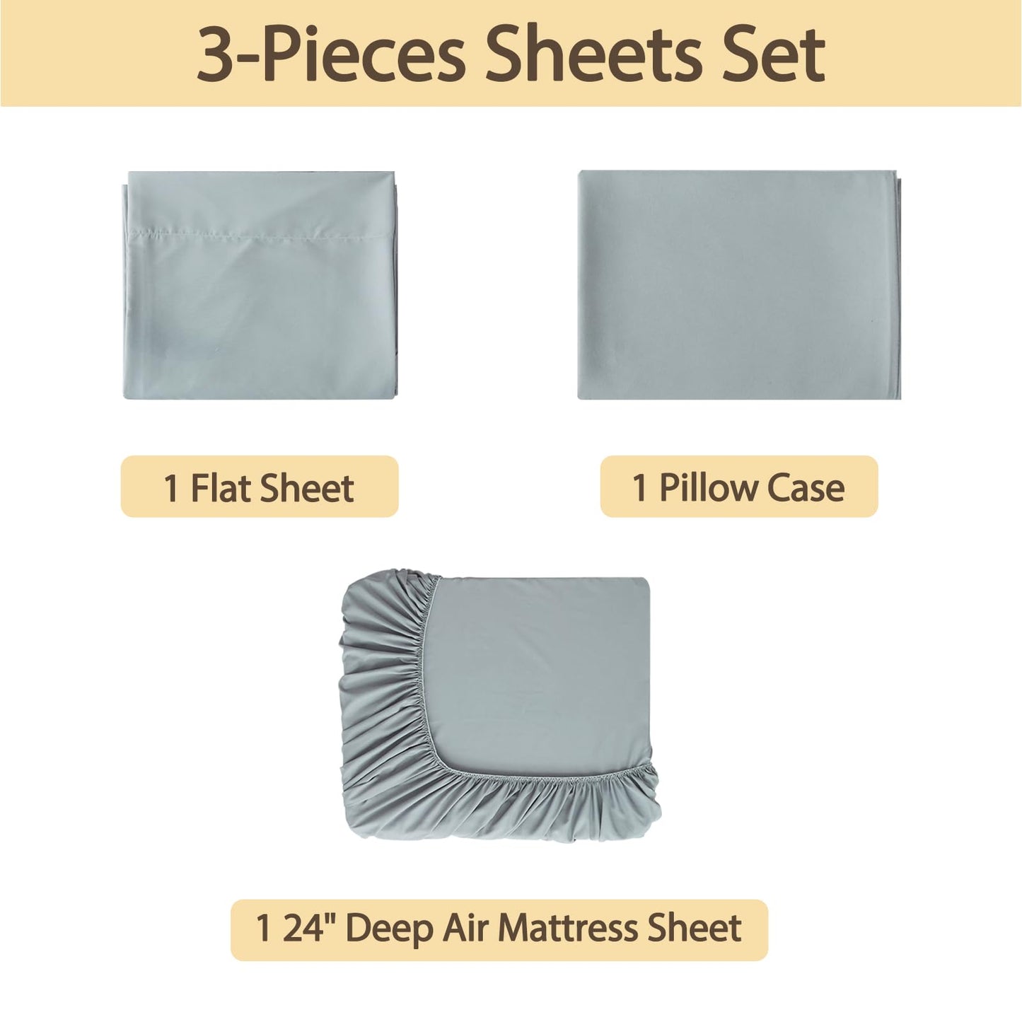 Air Mattress Sheet Set Twin Size,3 Piece Deep Pocket Bed Sheet Set for 16-24 Inch Air Bed,Easy Inflate Access,Perfect for Guest Room, RV, Camping,Gray