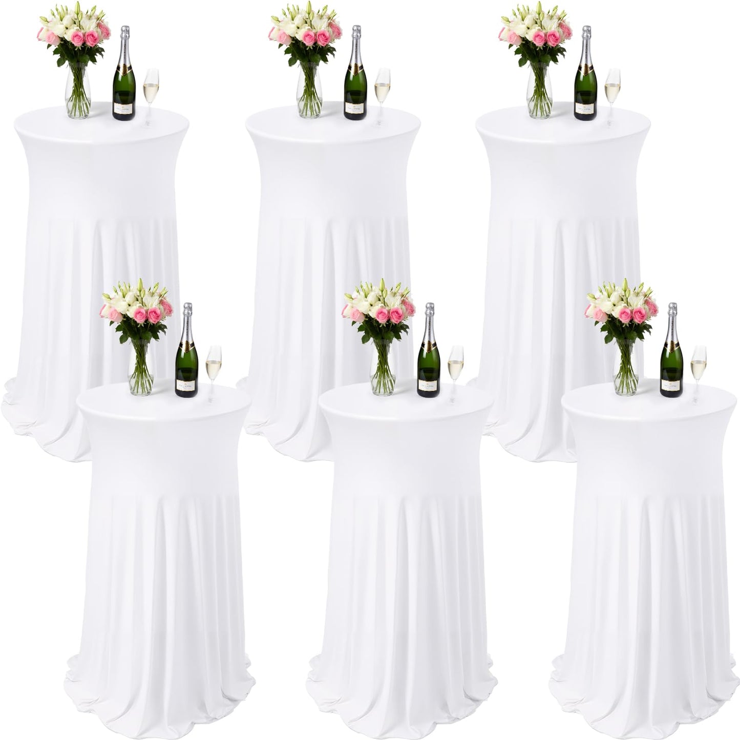 Lakluse 6 Pcs White Spandex Stretch Round Cocktail Table Skirt, 32x43 Inch High Top Table Covers, Fitted Table Cloths for Wedding, Bar, Banquet, Party Decor & Event Supplies