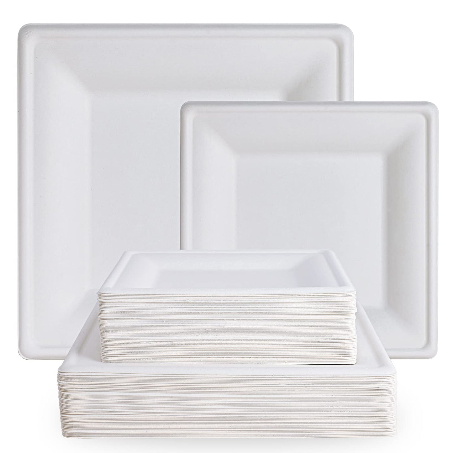 ECOLipak 120 Pack Compostable Paper Plates, 10 inch and 8 inch Heavy Duty Eco friendly Sugarcane Biodegradable Disposable Square Plates for Party Dinner Birthday