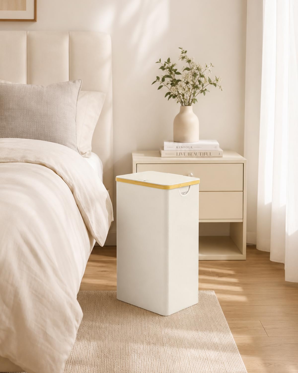 iEGrow Laundry Basket with Lid, 110L Large Laundry Hamper with Handle and Lid, Collapsible Clothes Basket Organizer with Removable Inner Bag for Clothes Toys Towels - Beige
