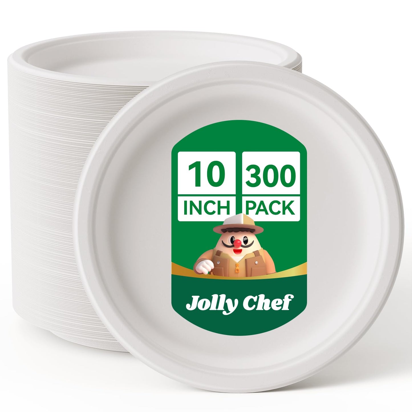 JOLLY CHEF Compostable Heavy Duty Plates 𝟭𝟬 𝗜𝗻𝗰𝗵 [𝟯𝟬𝟬 𝗣𝗮𝗰𝗸] Eco-Friendly Disposable White Uncoated Paper Plates Bagasse Sugarcane Biodegradable for Hot Cold Food Party Dinner Weddings