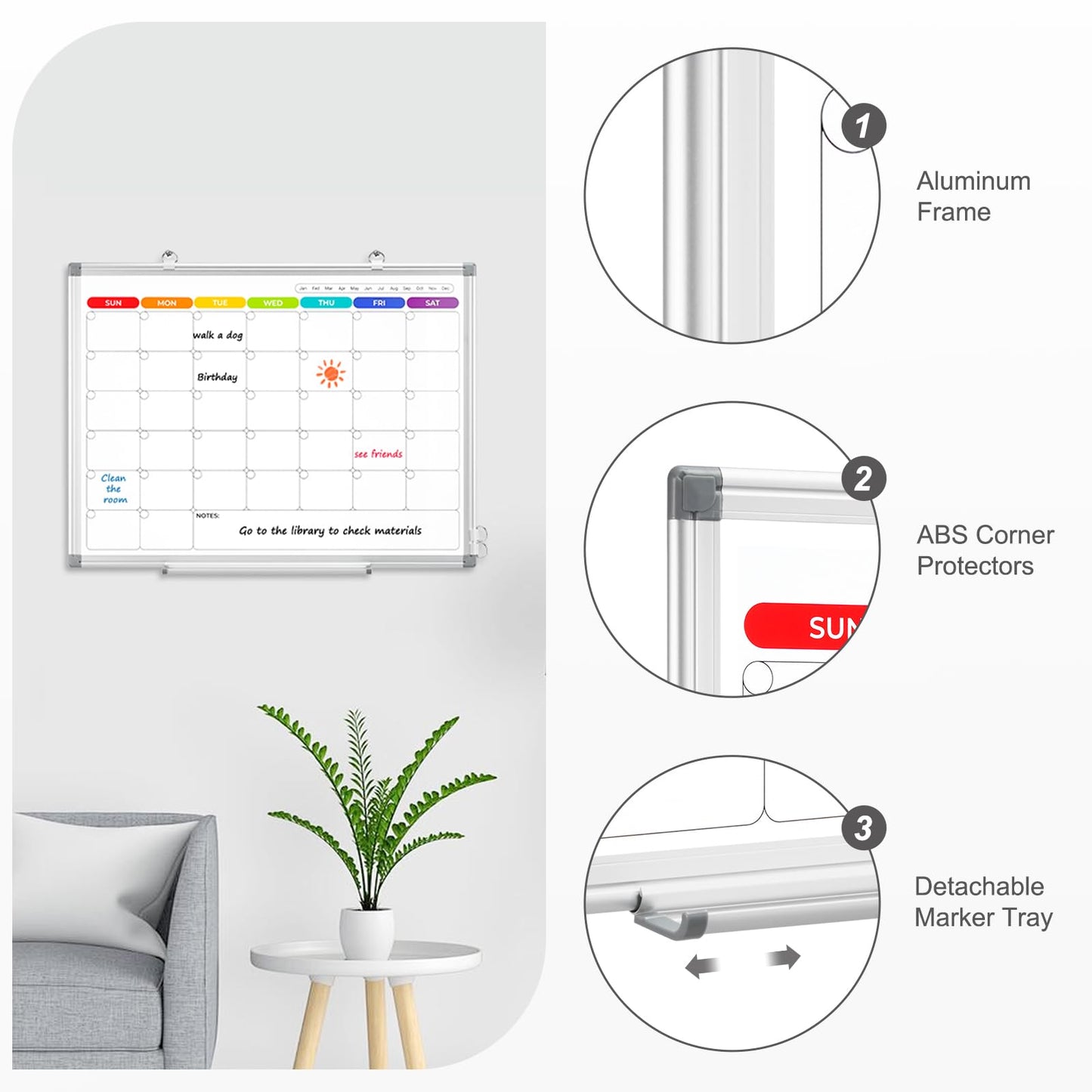AMUSIGHT Dry Erase Board Calendar for Wall, 24" x 18" Magnetic Whiteboard Calendar, Colorful Monthly Calendar Whiteboard, Double-Sided Hanging Aluminum Frame White Board for Home, School, Office