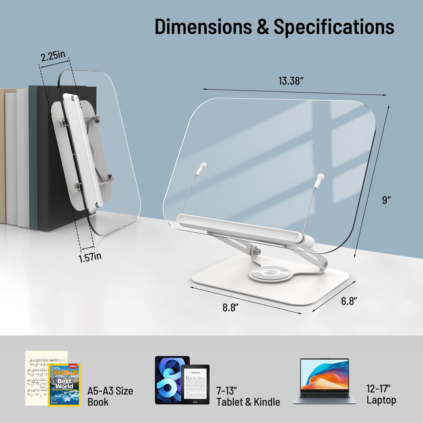 Acrylic Book Stand for Reading Hands Free - Adjustable 360° Rotating Cookbook Holder with Elastic Page Clips & Foldable Base, Multi-Angle Desktop Display Stand for Recipes, Textbooks, Tablets, Bibles