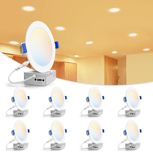 VOLISUN 8 Pack 6 inch Recessed Lighting, 5CCT LED Recessed Light with Junction Box, 2700K-5000K Selectable, 13W Eqv 120W, 1080LM Dimmable Canless Wafer Downlight, LED Ceiling Light ETL Certificated