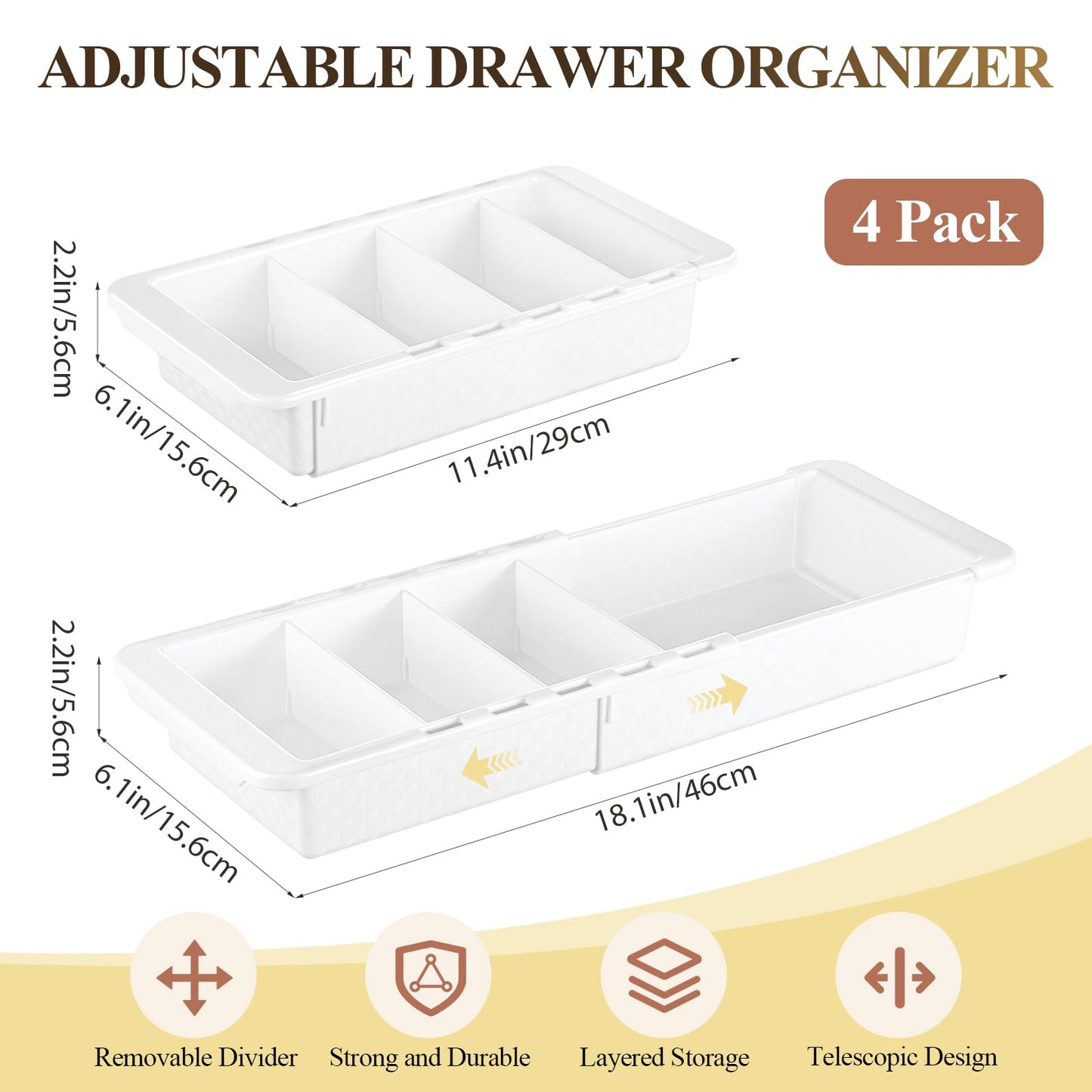 BrightRow 4 Pcs Expandable Drawer Organizer Bins Adjustable Deep Drawer Hanging Organizer Tray Expandable 11.4 to 18.1 Inches Plastic Dividers Storage for Office Bathroom Bedroom Kitchen Desk, White