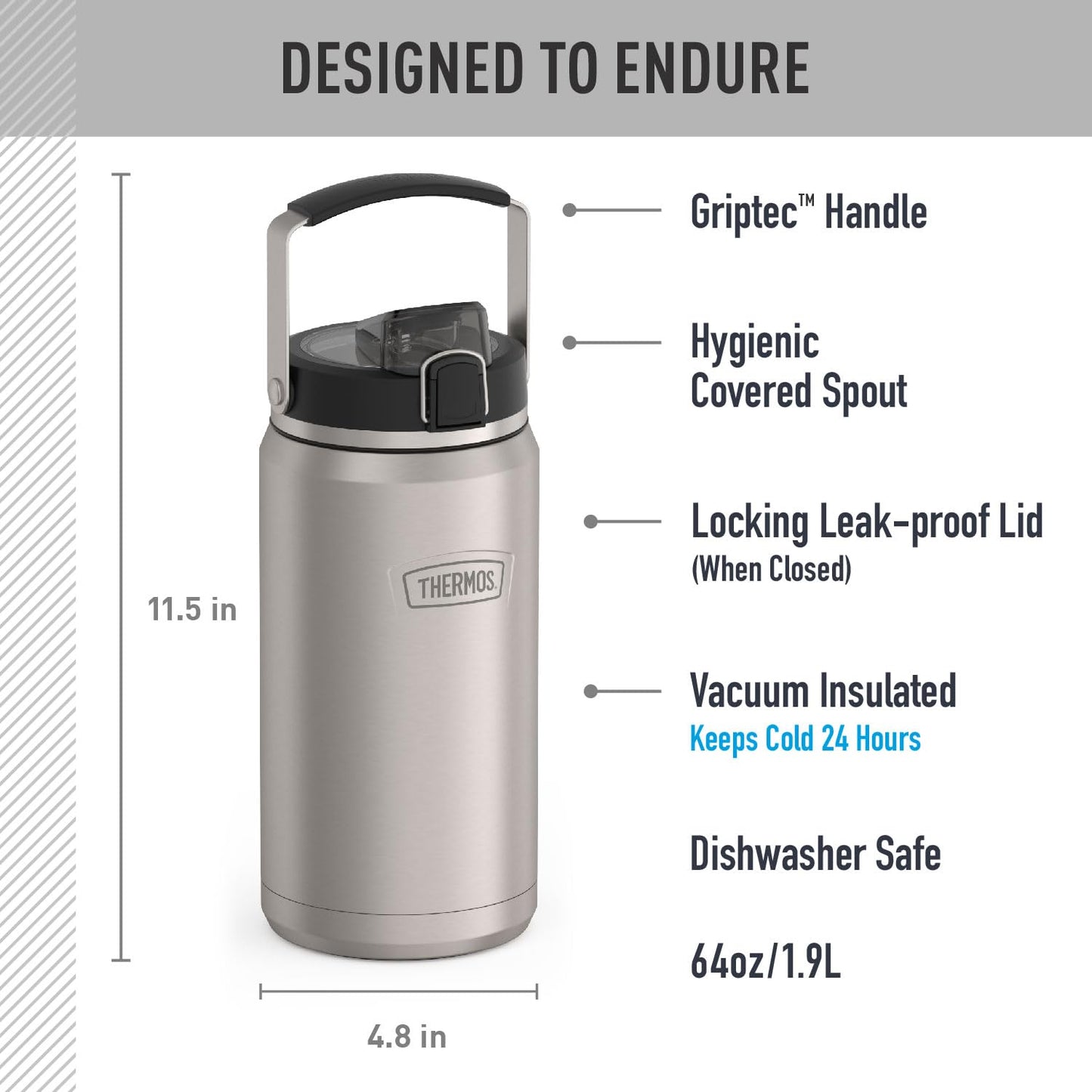 THERMOS ICON SERIES, Stainless Steel Water Bottle with Spout - 64 Ounce, Matte Stainless Steel - Vacuum Insulated Water Bottle with Lid