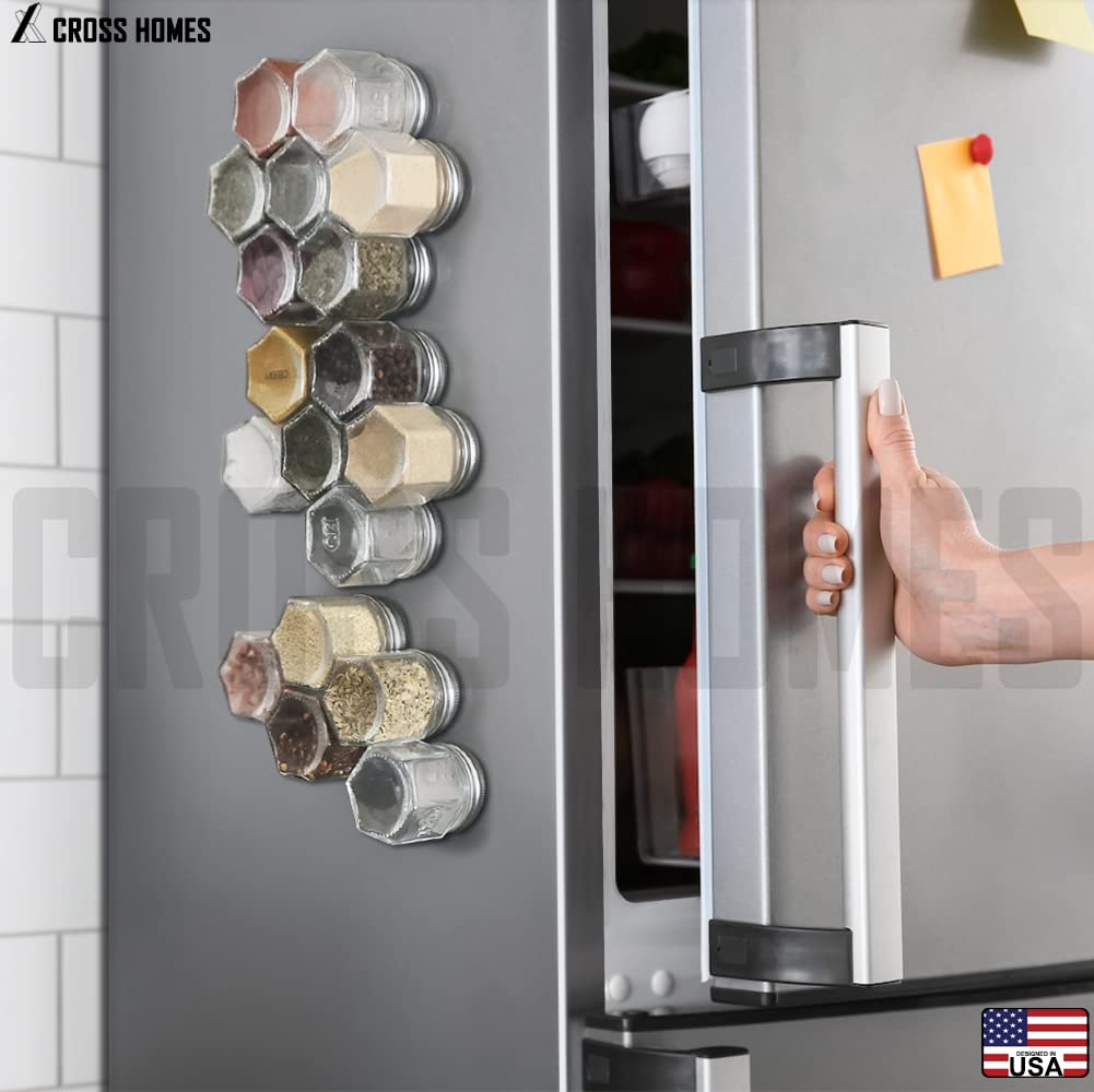 Magnetic Empty Small Hexagon Glass Spice Jars 20 Sets With Lids, Shaker, Board, Labels - DIY Spice Tins/Rack for Refrigerator, Fridge, Cabinet, Wall Mount