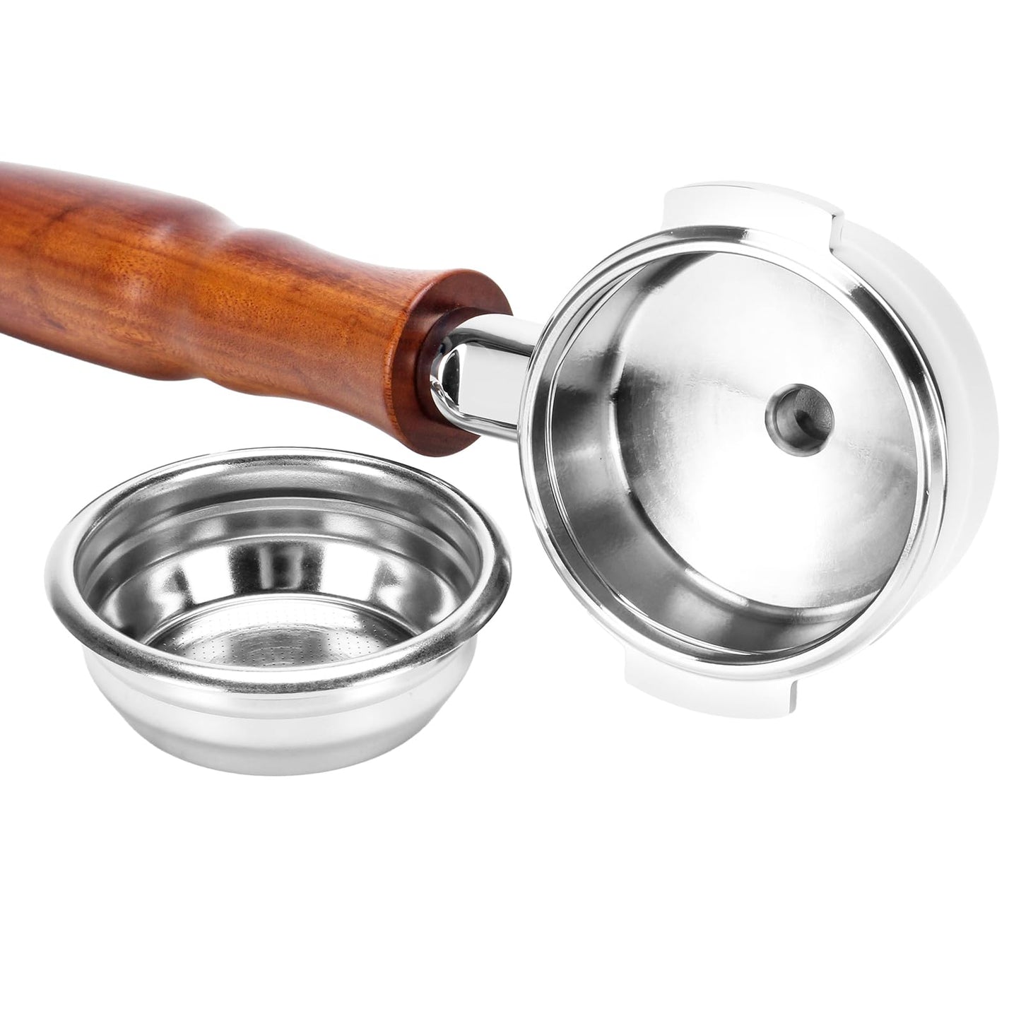 DIBTSA 58mm Espresso Portafilter Compatible with La Marzocco,Double Spouts 2 Ears, Stainless Steel Head and Filter Basket and Wood Handle
