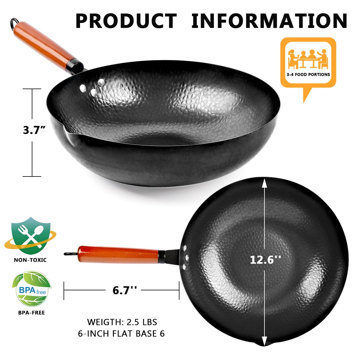 kaqinu 14 Piece Carbon Steel Wok Pan, Woks & Stir-Fry Pans Set with Wooden Lid Cookwares, No Chemical Coated Flat Bottom Chinese Pan for Induction, Electric, Gas, Halogen All Stoves - 12.6''