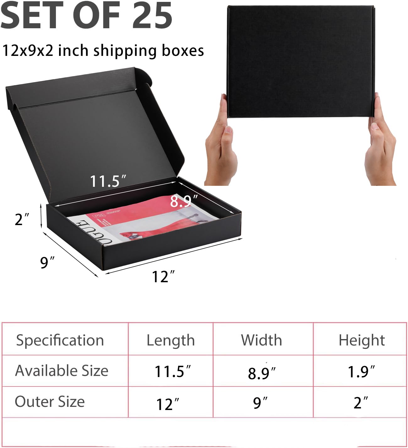 Yidomto 12x9x2 Black Shipping Boxes Small - 25 Pack Corrugated Cardboard Mailer Boxes for Packaging, Mailing, Gift Giving | Sturdy, Recyclable, Perfect for Small Business Supplies, Ecommerce