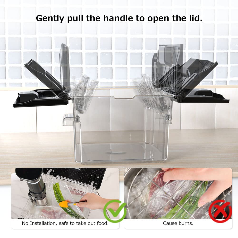 Sous Vide Container with Lid Double-Door-Opening Design 11.65 QT Sous Vide Pot Slow Cooker Container with Built- in Rack Compatible with Most Immersion Circulators