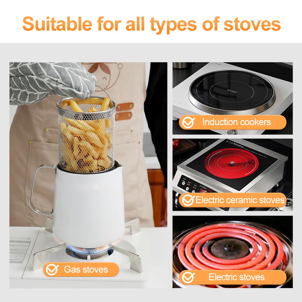 PUCOHOUSE Small 304 Stainless Steel Deep Fryer with Basket & Strainer, 2L Compact Fryer Pot for Frying, Cooking, Camping, Oil Filter Container (White)