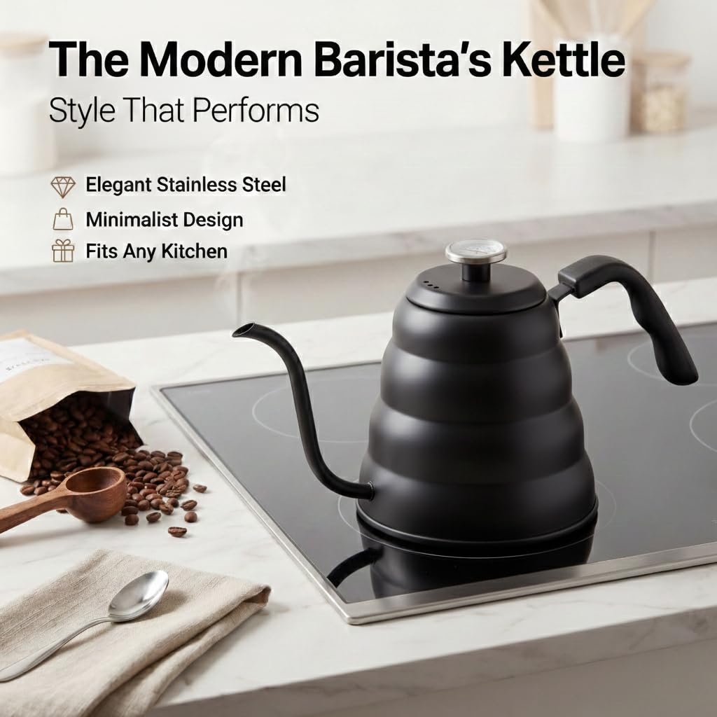 Barista Warrior Gooseneck Kettle with Thermometer - 1.2L Pour Over Coffee & Tea Kettle, 18/8 Matte Black Gooseneck Kettle Pot, Precision Pour Drip Spout, Suitable for All-Stoves (40 fl oz)