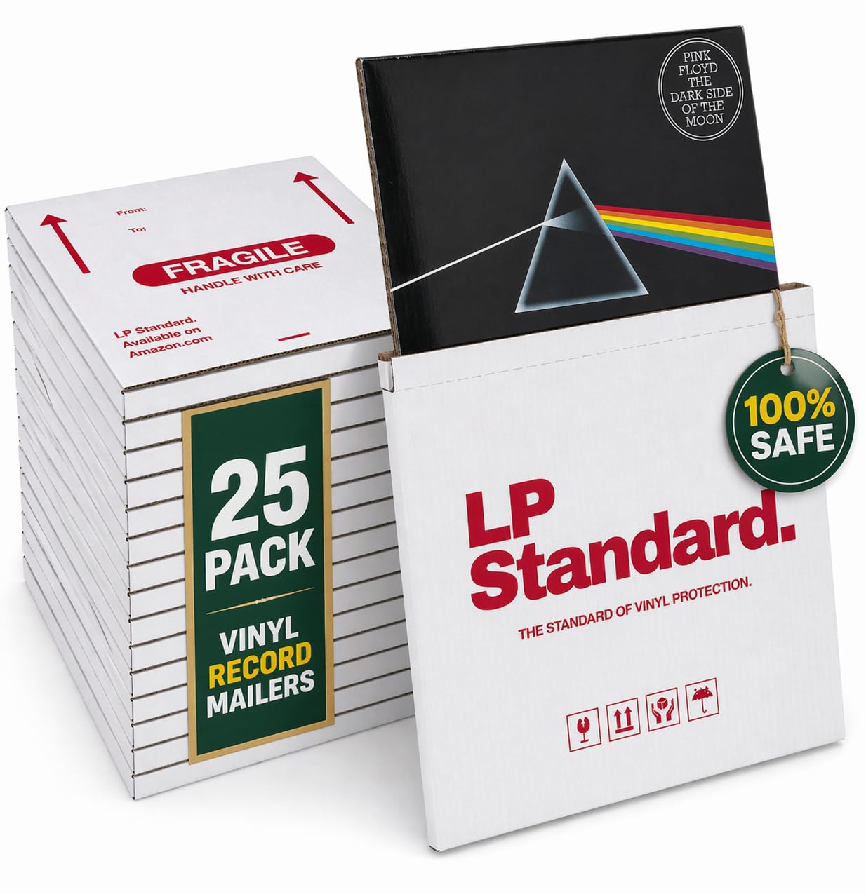 LP Standard (25 Pack) Heavy Duty Vinyl Record Mailers | For 12.5" X 12.5" x 1" Records | 3x Cardboard Thickness, Protective Warning Icons, and Professional Look | Durable Viny Records Shipping Boxes