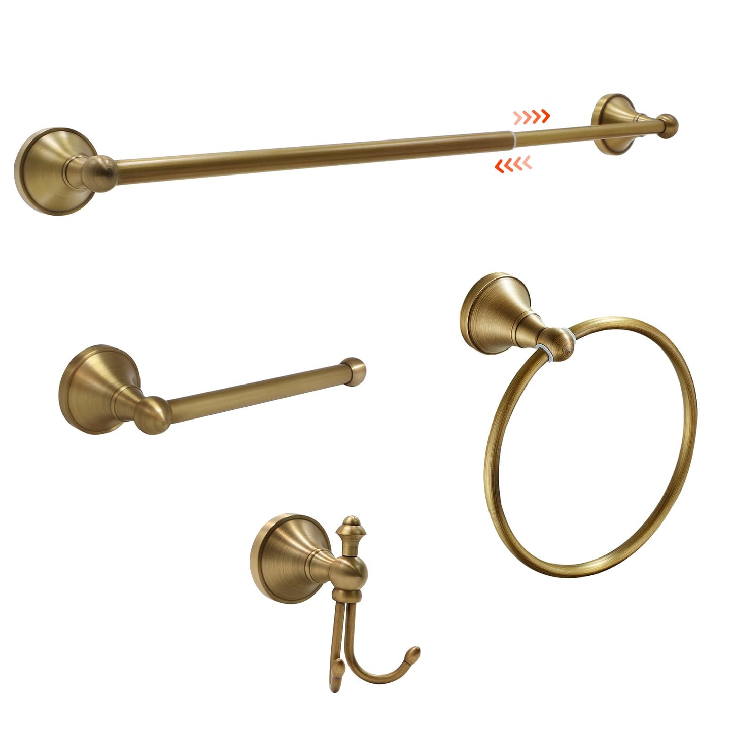 4 Piece Antique Brass Gold Bathroom Towel Bar Set - Toocust 16"-27.7" Adjustable Towel Bar for Bathroom, Wall Mounted Antique Brass Bathroom Hardware, Brushed Brass Towel Holder