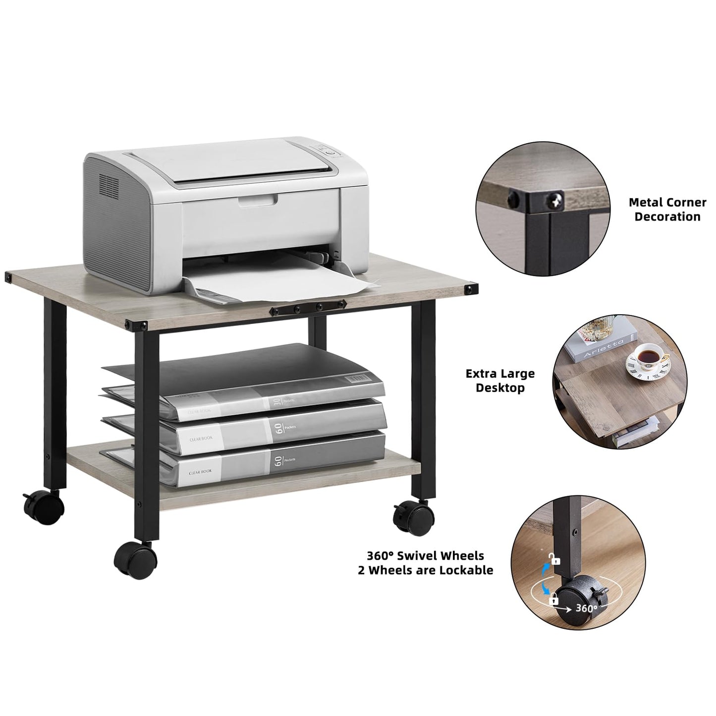 Lerliuo Under Desk Printer Stand, 2-Tier Industrial Mobile Printer Table with Storage Shelf and Steel Frame, Rolling Printer Cart Holder with Lockable Wheels for Home, Office (Grey)