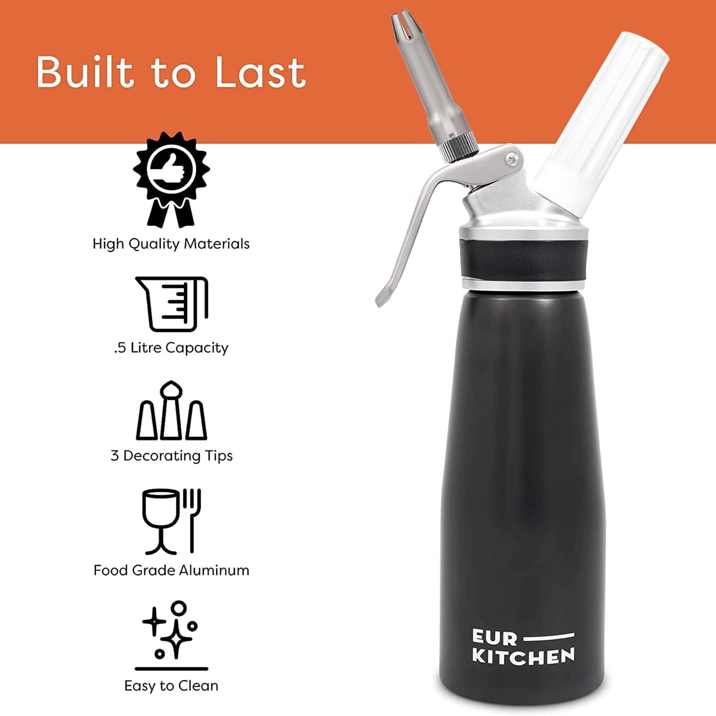 EurKitchen Professional Aluminum Whipped Cream Dispenser - Leak-Free Whip Cream Maker Canister with 3 Decorating Nozzles & Cleaning Brush - 1-Pint / 500 mL - N2O Chargers (Not Included)