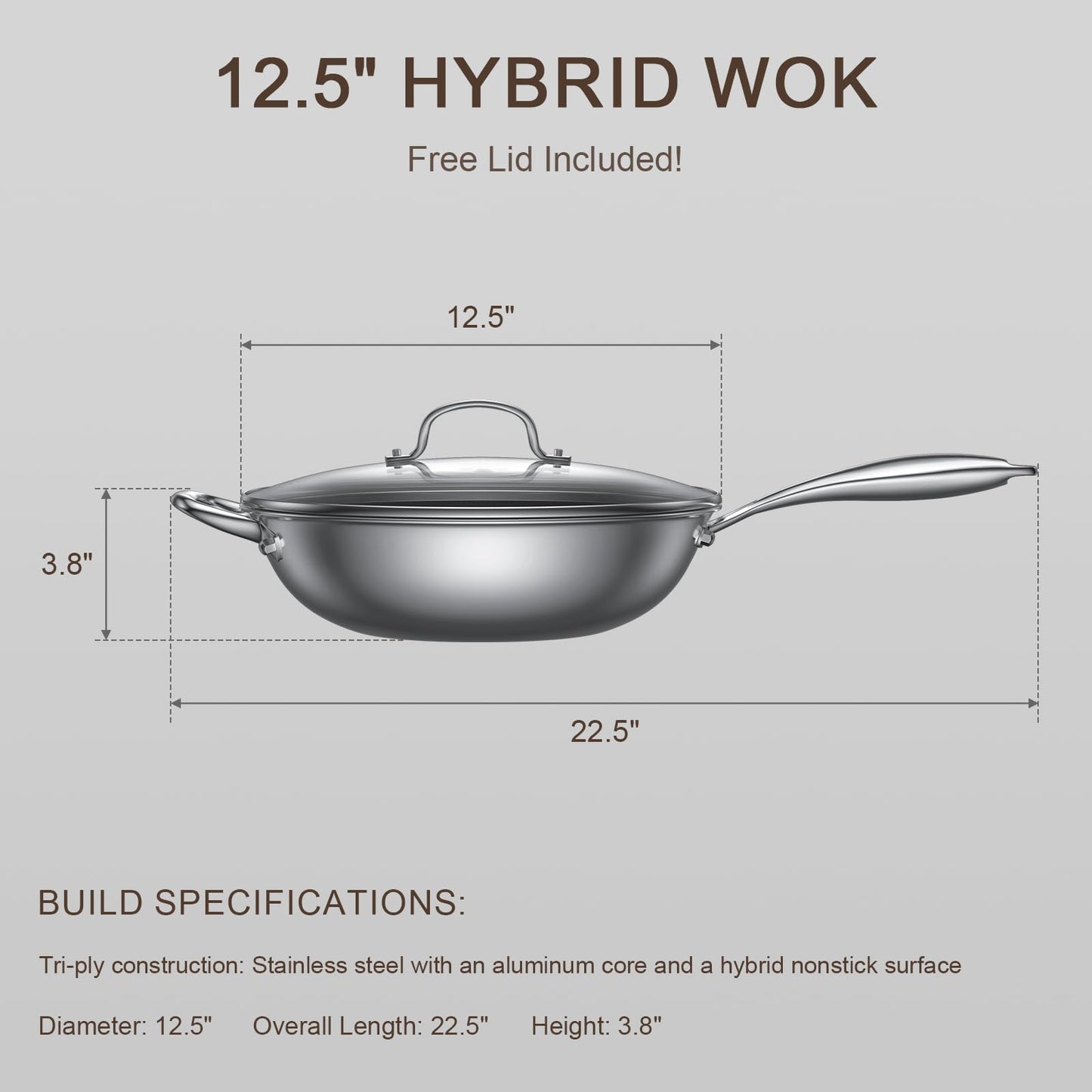 Uven Traoqq 12.5-Inch Hybrid Stainless Steel Wok Pan with Lid, Laser-Textured Nonstick Stir Fry Pan, PFOA-Free, Induction Compatible, Oven & Dishwasher Safe for All Cooktops