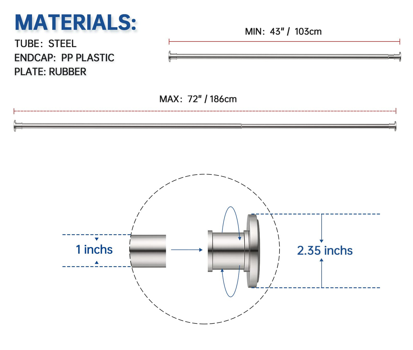 BRIOFOX Industrial Shower Curtain Rod - Rustproof Non-Slip 43-72 Inch 304 Stainless Steel Tension Curtain Rod for Window or Bathroom, Brushed Nickel