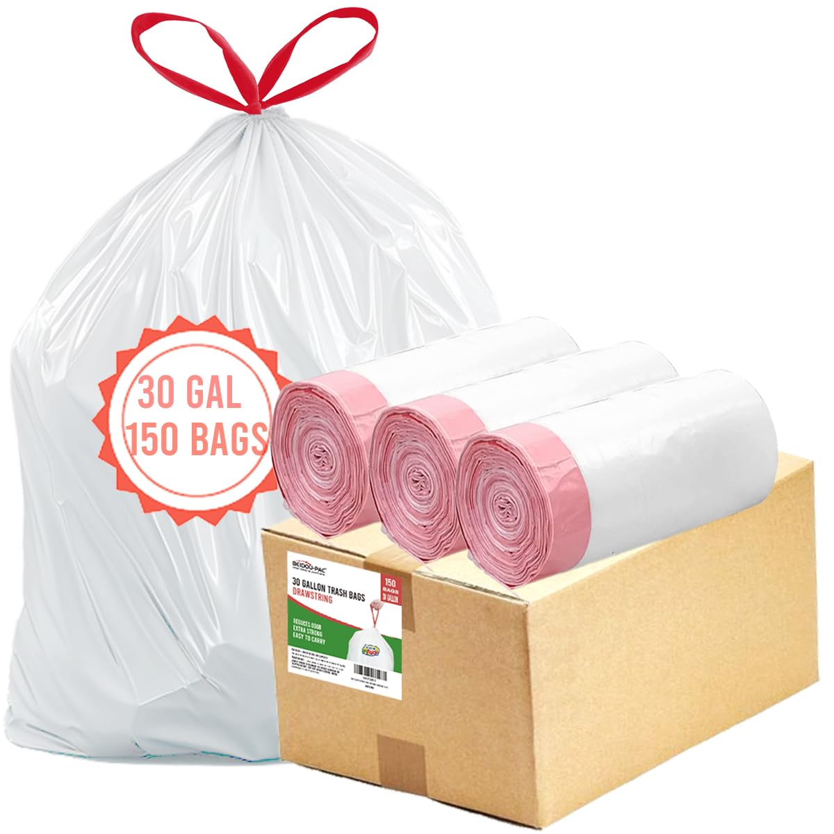 BEIDOU-PAC 30 Gallon Trash Bags Drawstring, 150 Count, White | Unscented | Heavy Duty Multi-purpose Garbage Bags Can Liners for Business Home Kitchen Commercial and Industrial