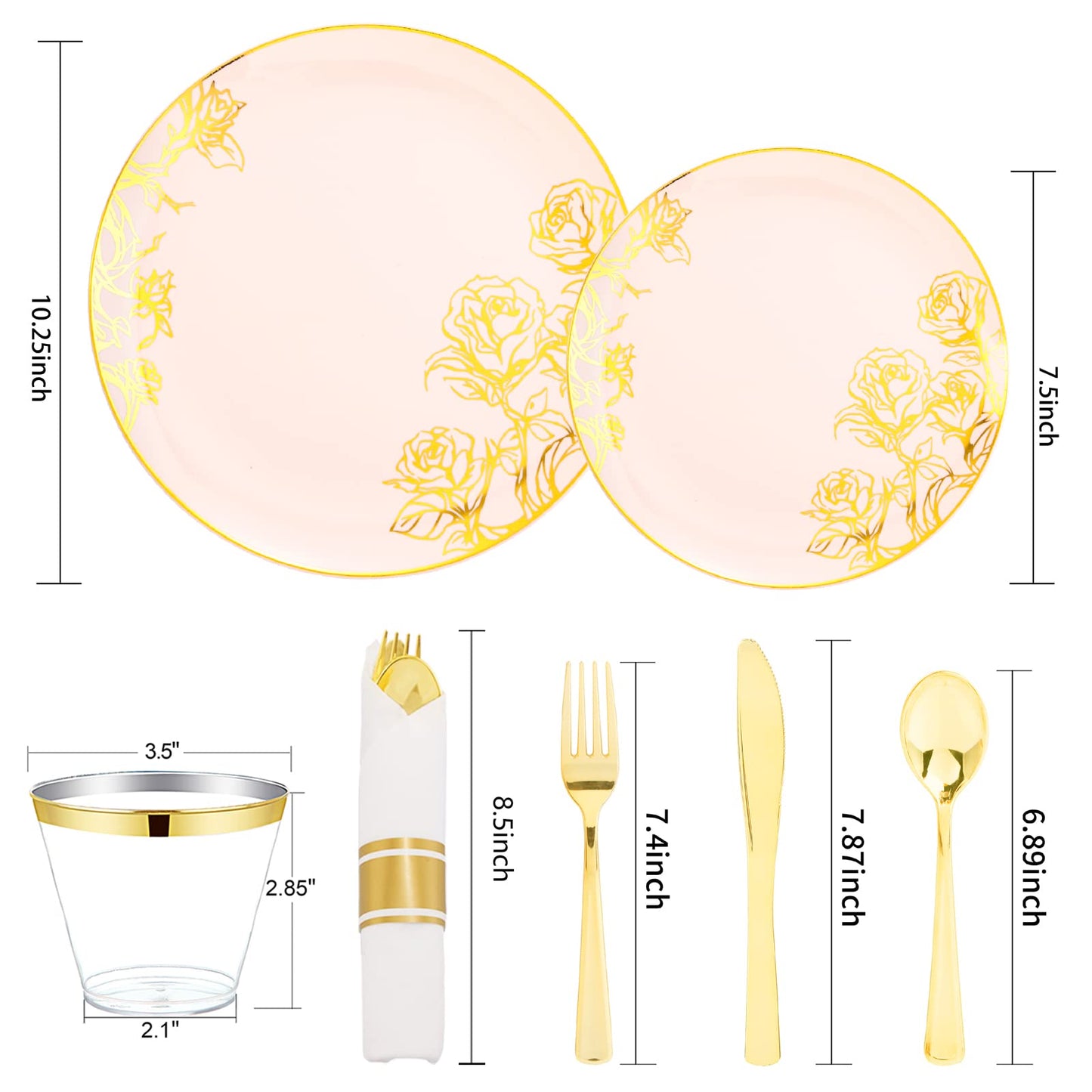 DaYammi 210Pcs Pink Plastic Plates,Pink Gold Floral Disposable Dinnerware Set-30 Dinner Plate,30 Salad plate,30 Per Rolled Napkins with Gold Cutlery,30 Cups,Fancy Party Plates for Wedding Party