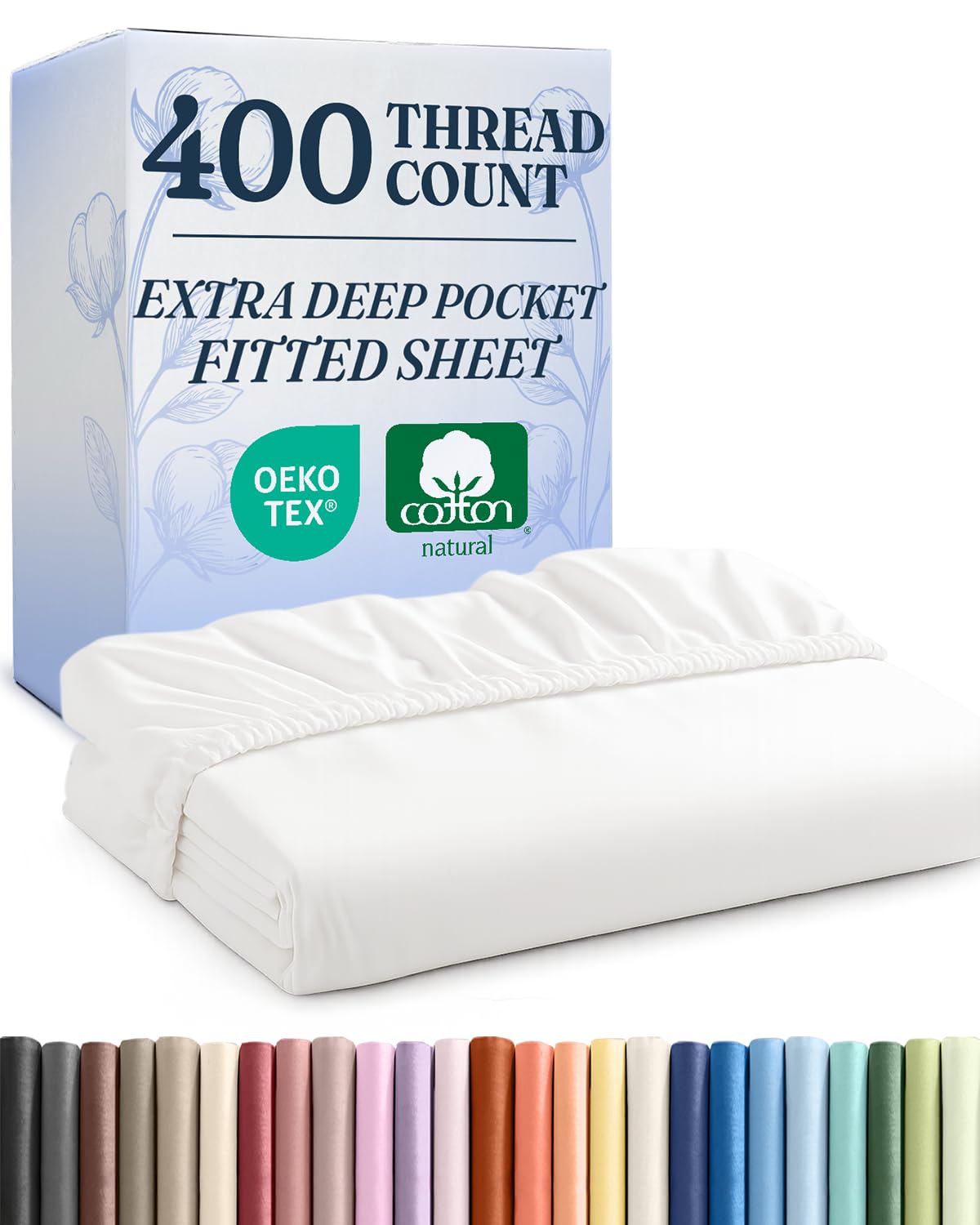 Extra Deep King 400 Thread Count Cotton Fitted Sheet - Hotel Luxury Single Fitted Sheet Only - Easily Fits 18" to 24" Mattress - Soft, Wrinkle Free, Breathable & Comfy Extra Deep Pockets White Fitted